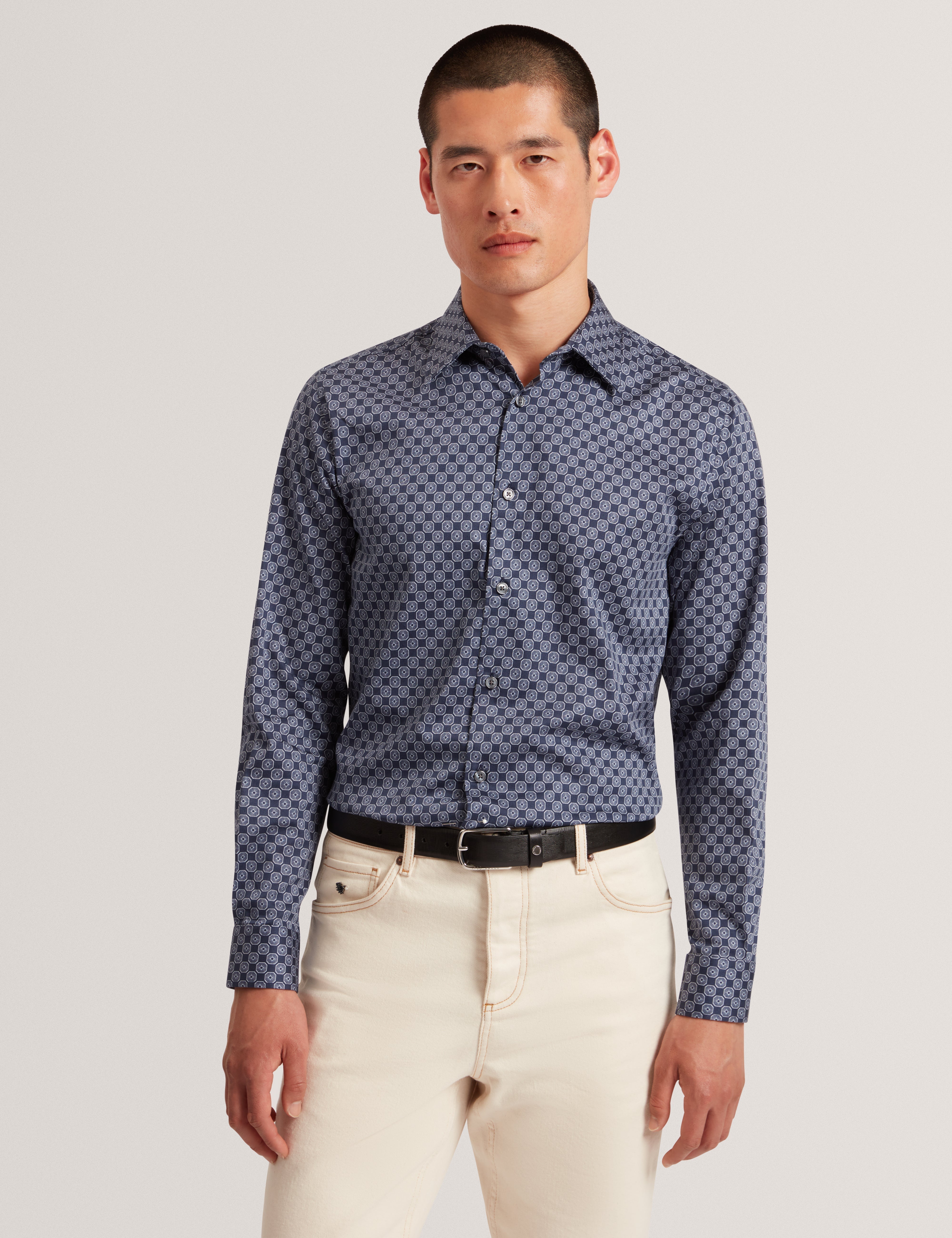Sef Long Sleeve Slim Fit Circle Geo Print Shirt Navy