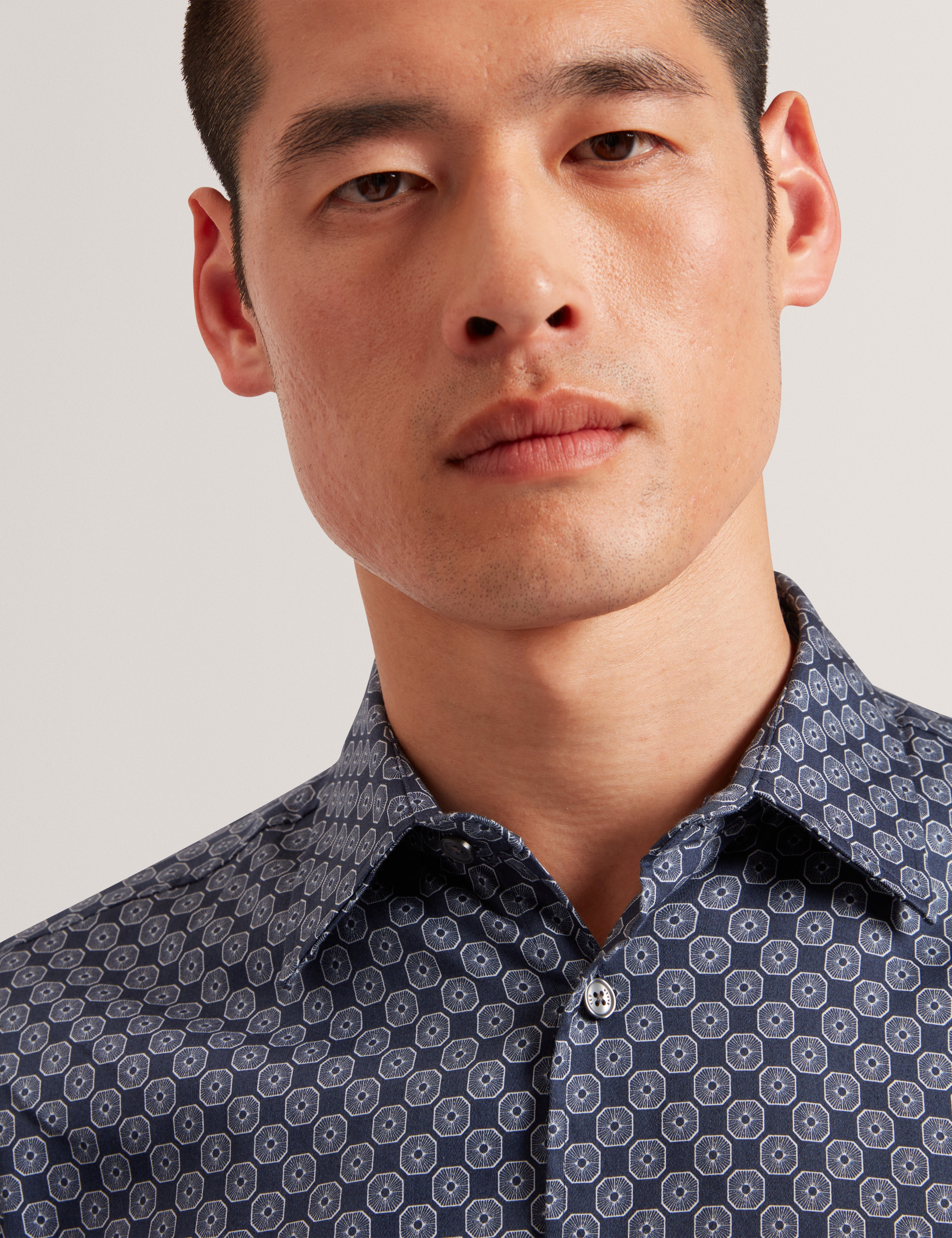 Sef Long Sleeve Slim Fit Circle Geo Print Shirt Navy
