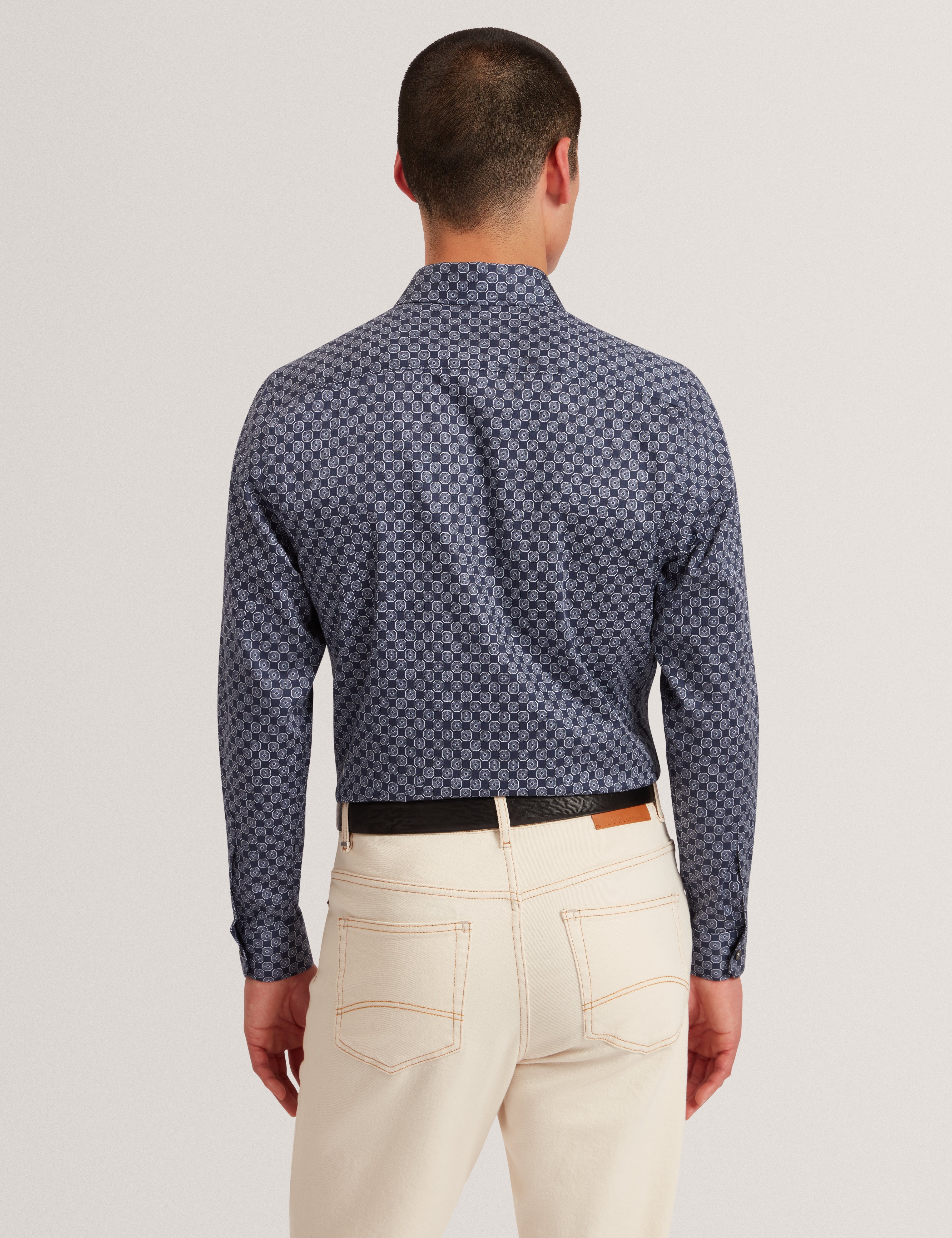 Sef Long Sleeve Slim Fit Circle Geo Print Shirt Navy