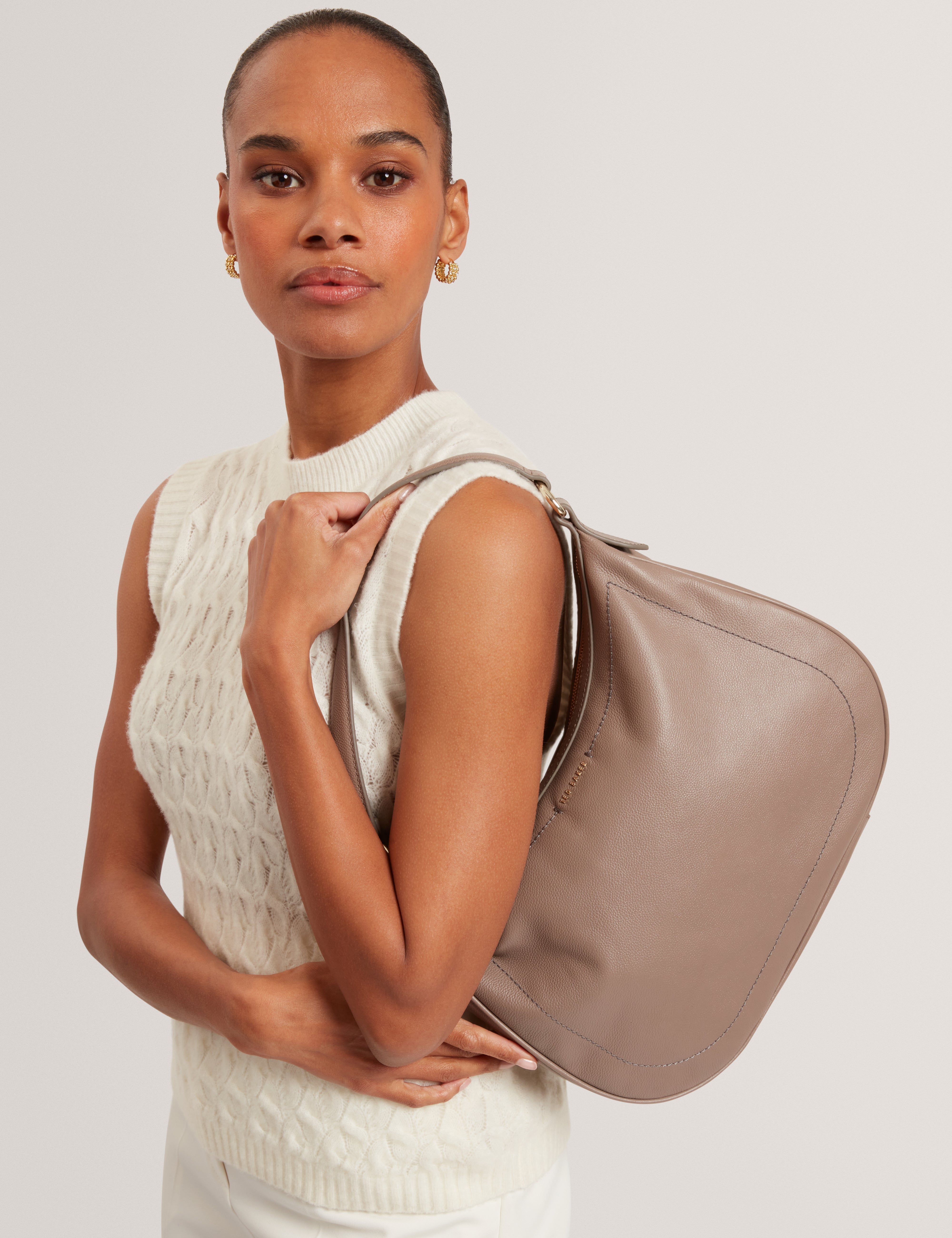 Lyshia Webbing Large Leather Hobo Bag Taupe