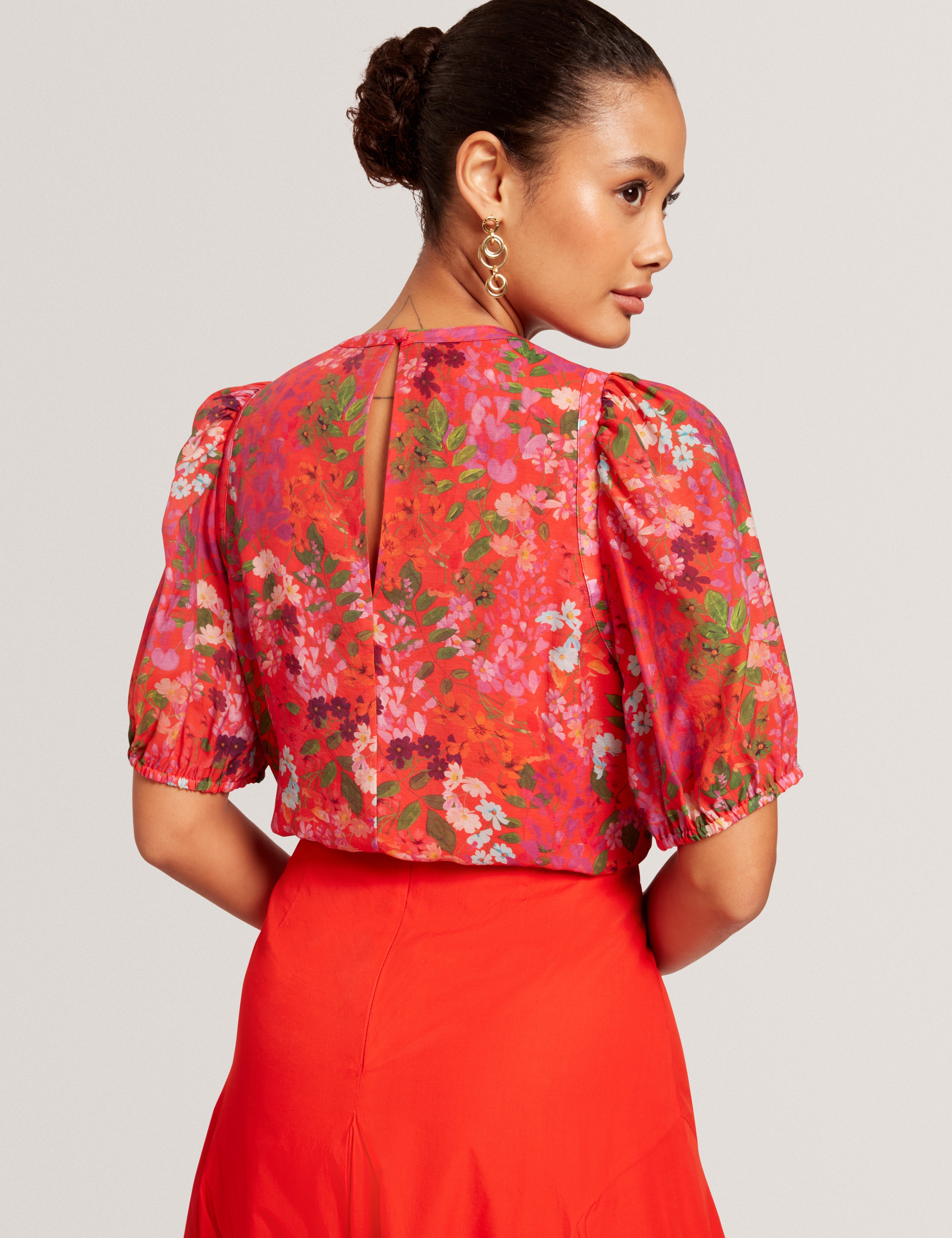 Hahtie Printed Puff Sleeve Top Red