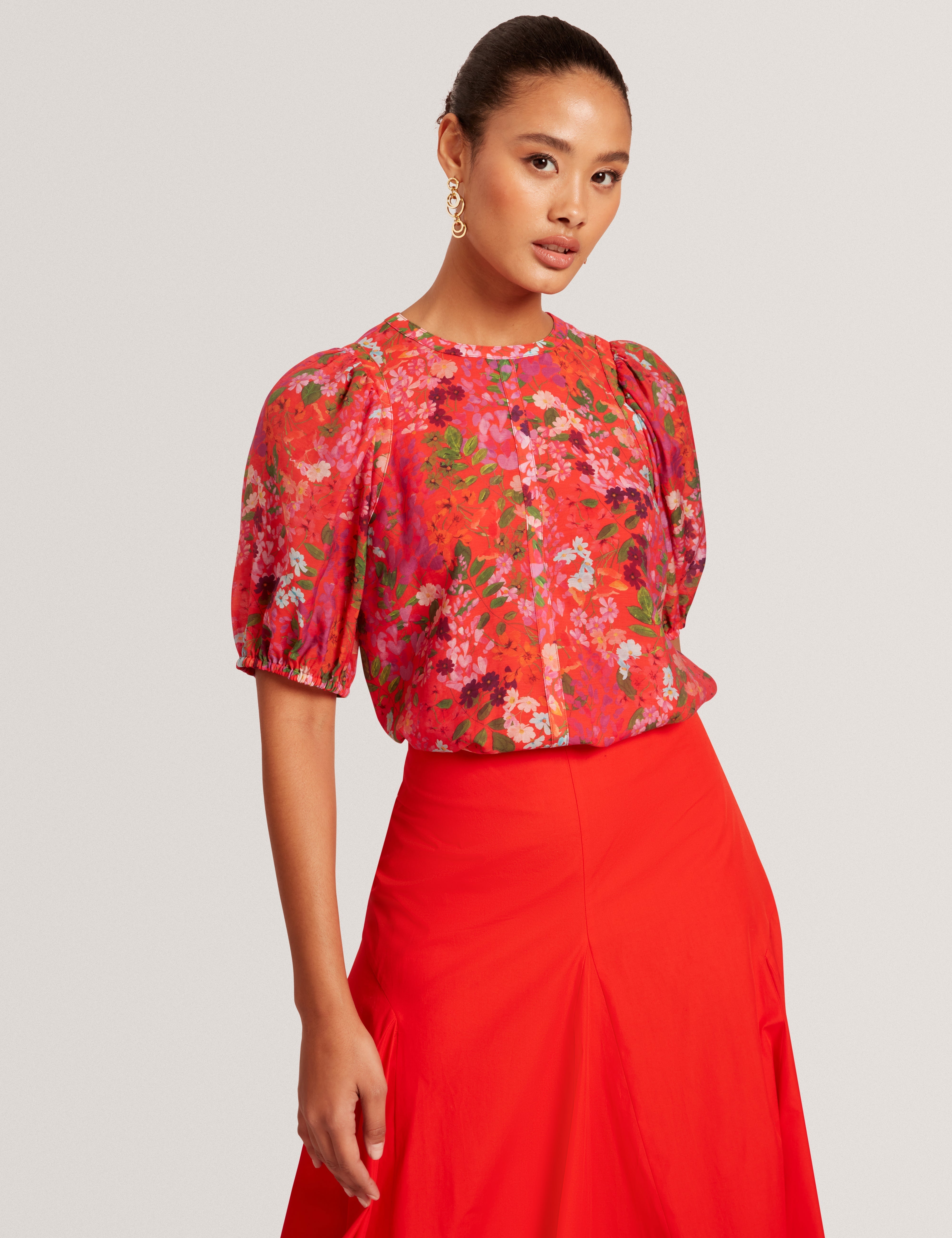 Hahtie Printed Puff Sleeve Top Red