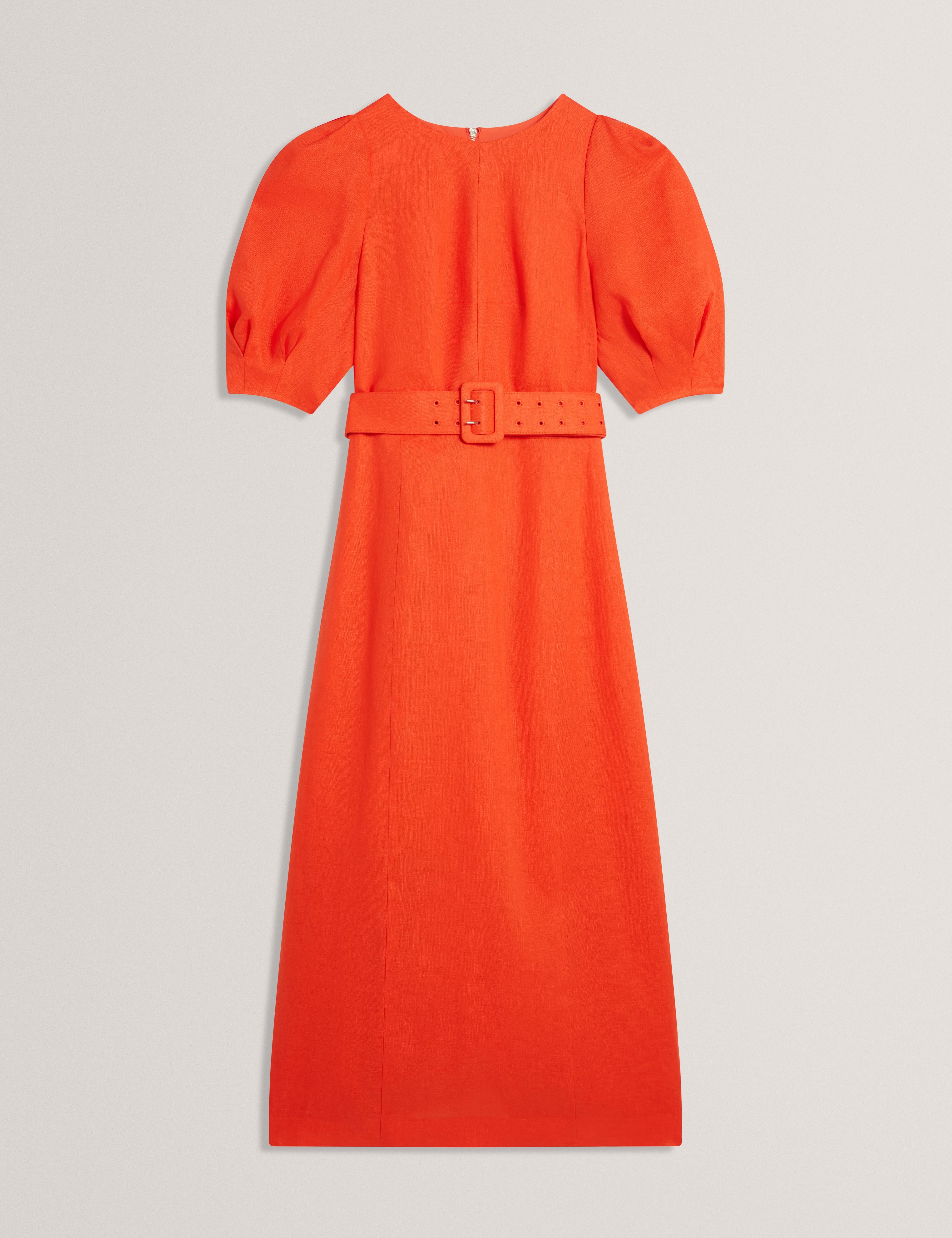 فستان رومبي متوسط ​​الطول بأكمام منتفخة وحزام، برتقالي