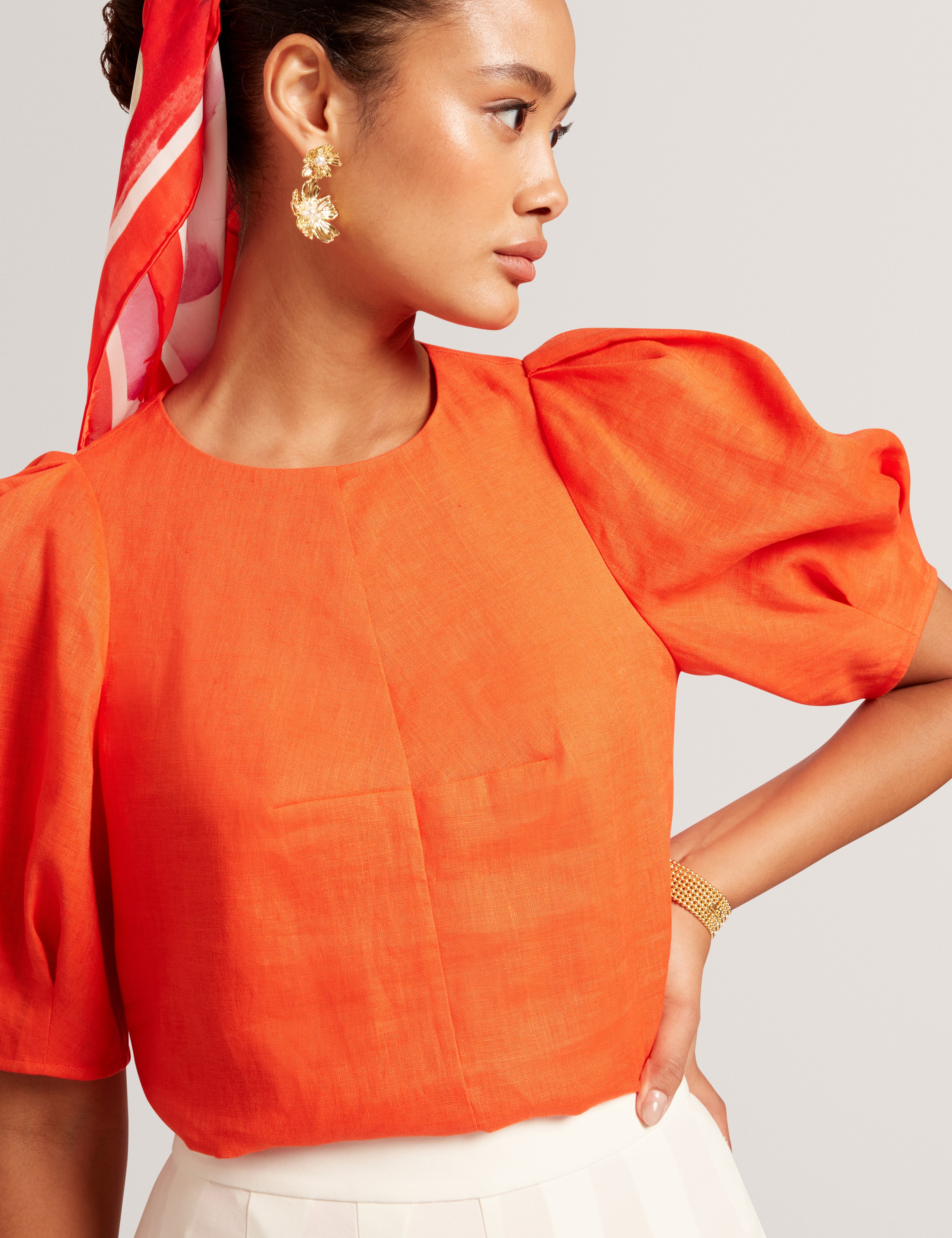 Limarie Linen Puff Sleeve Straight Top Orange