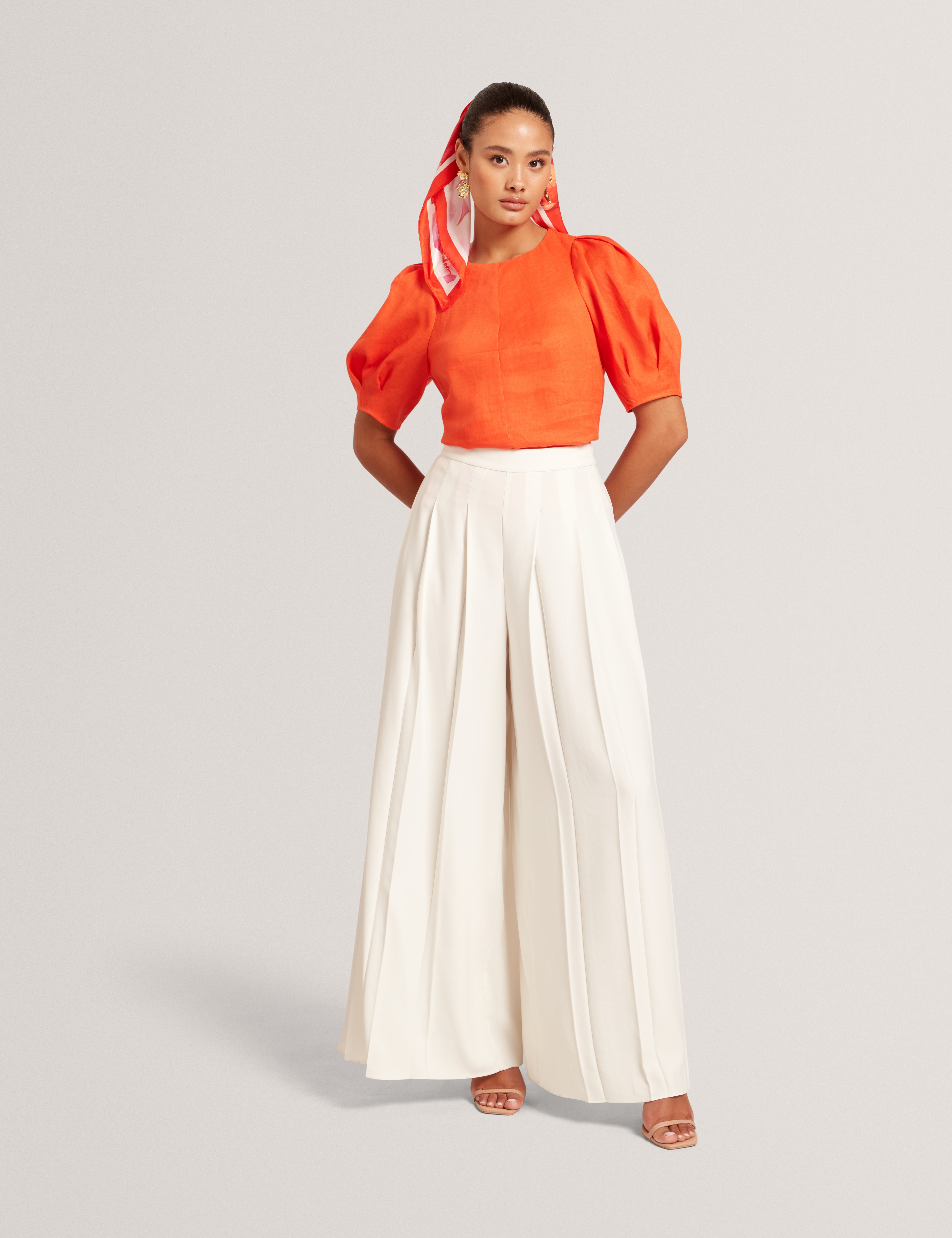 Limarie Linen Puff Sleeve Straight Top Orange