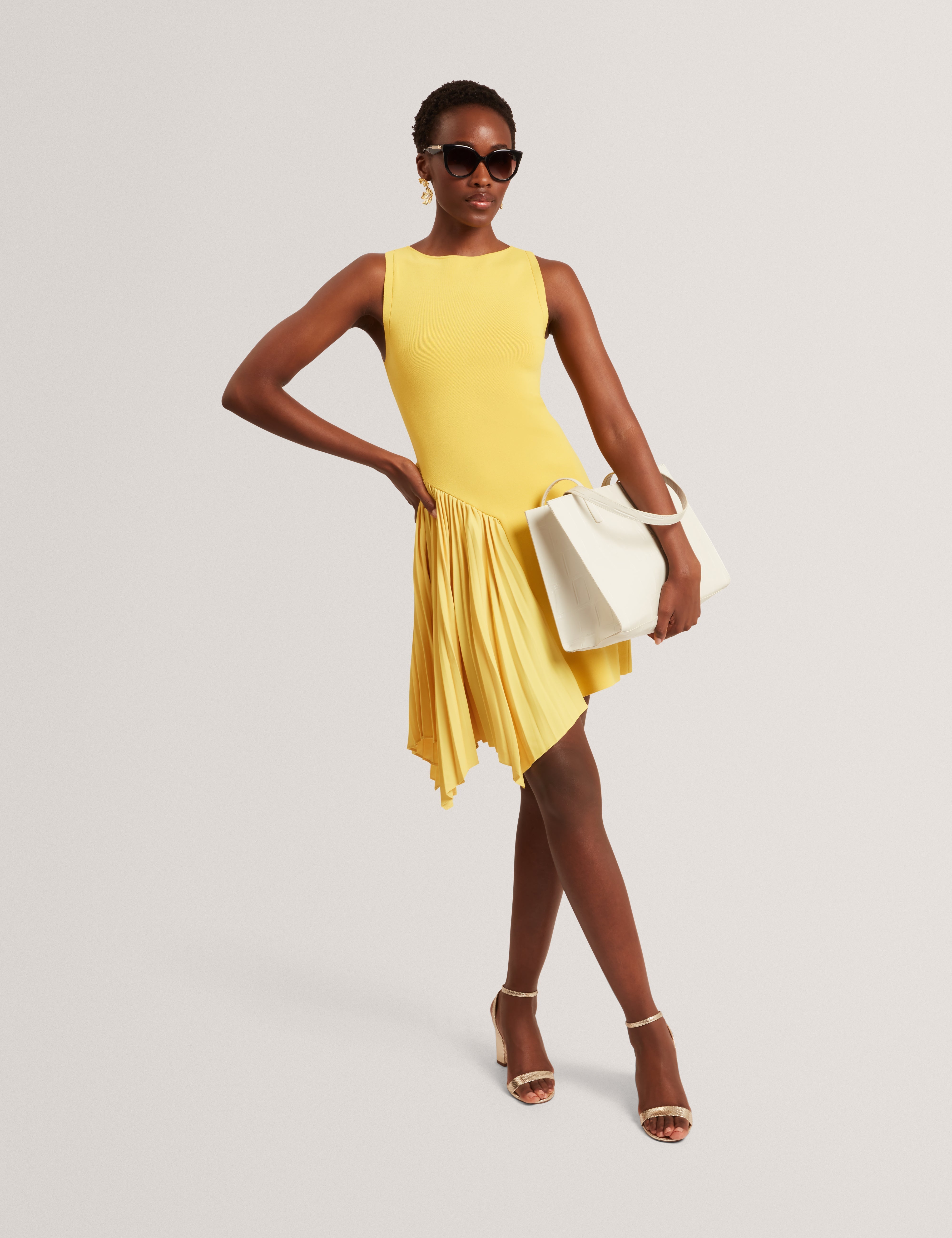 Jacara Sleeveless Knit Mini Dress With Pleat Yellow