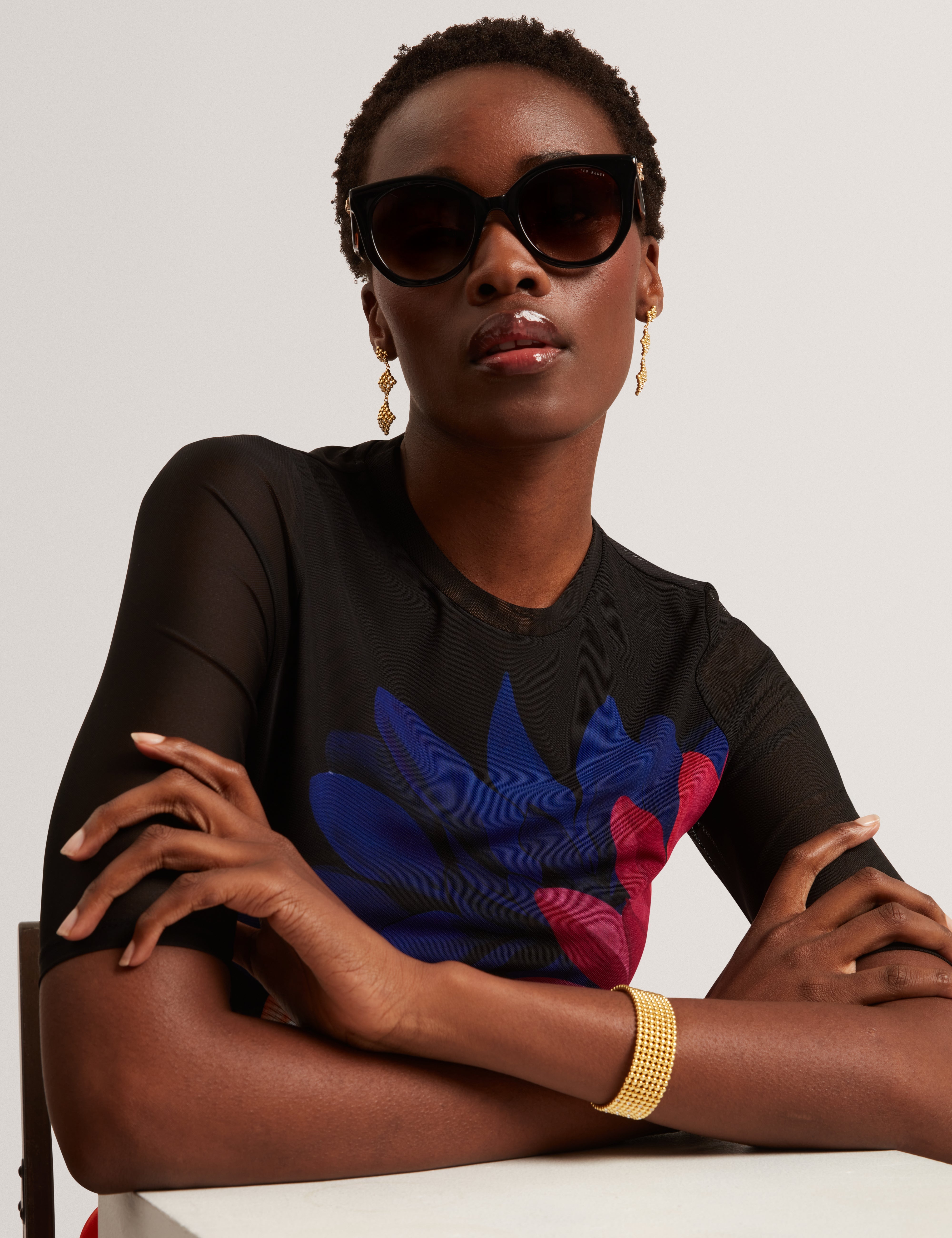 Ilussa Printed Mesh Half Sleeve Top Black