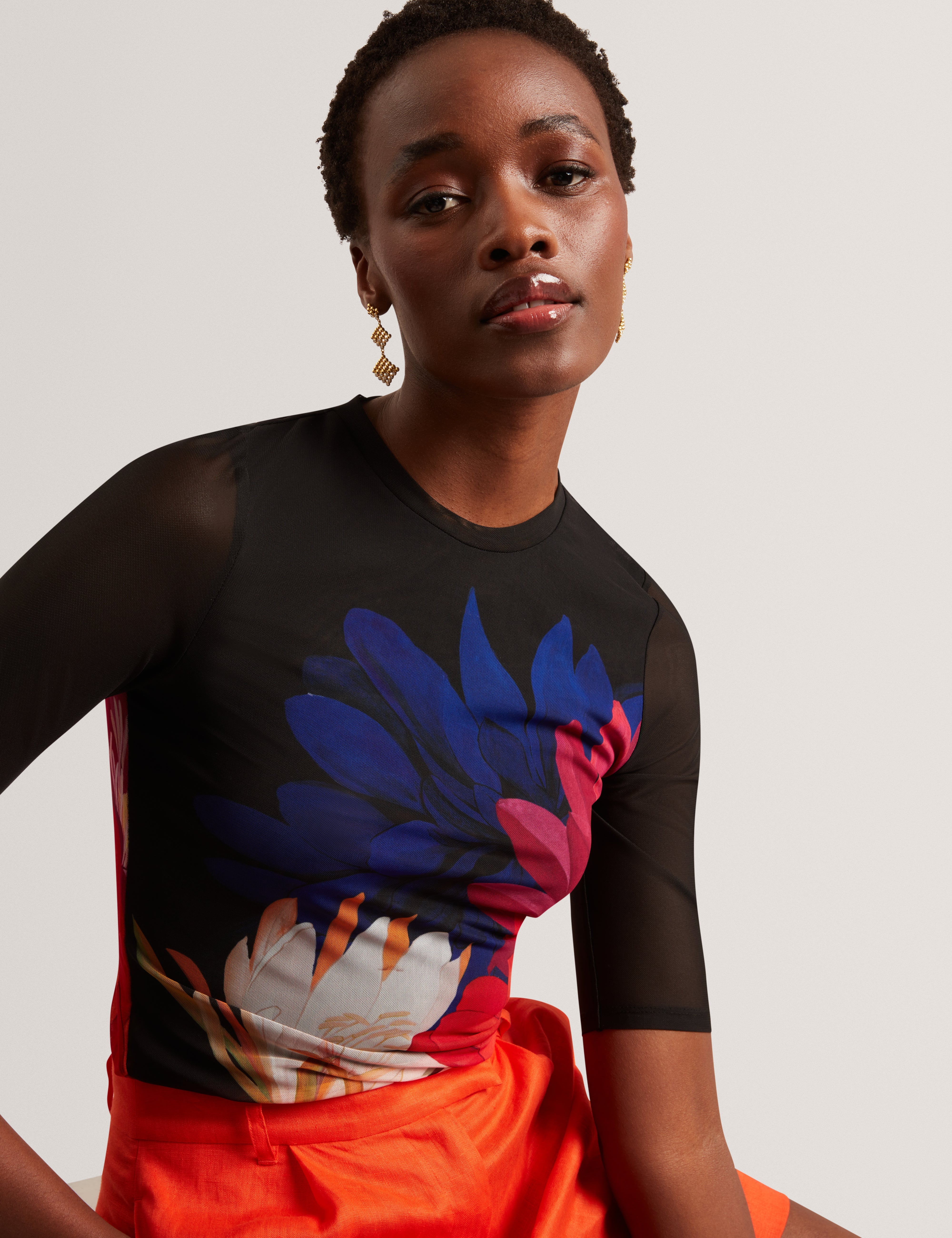 Ilussa Printed Mesh Half Sleeve Top Black