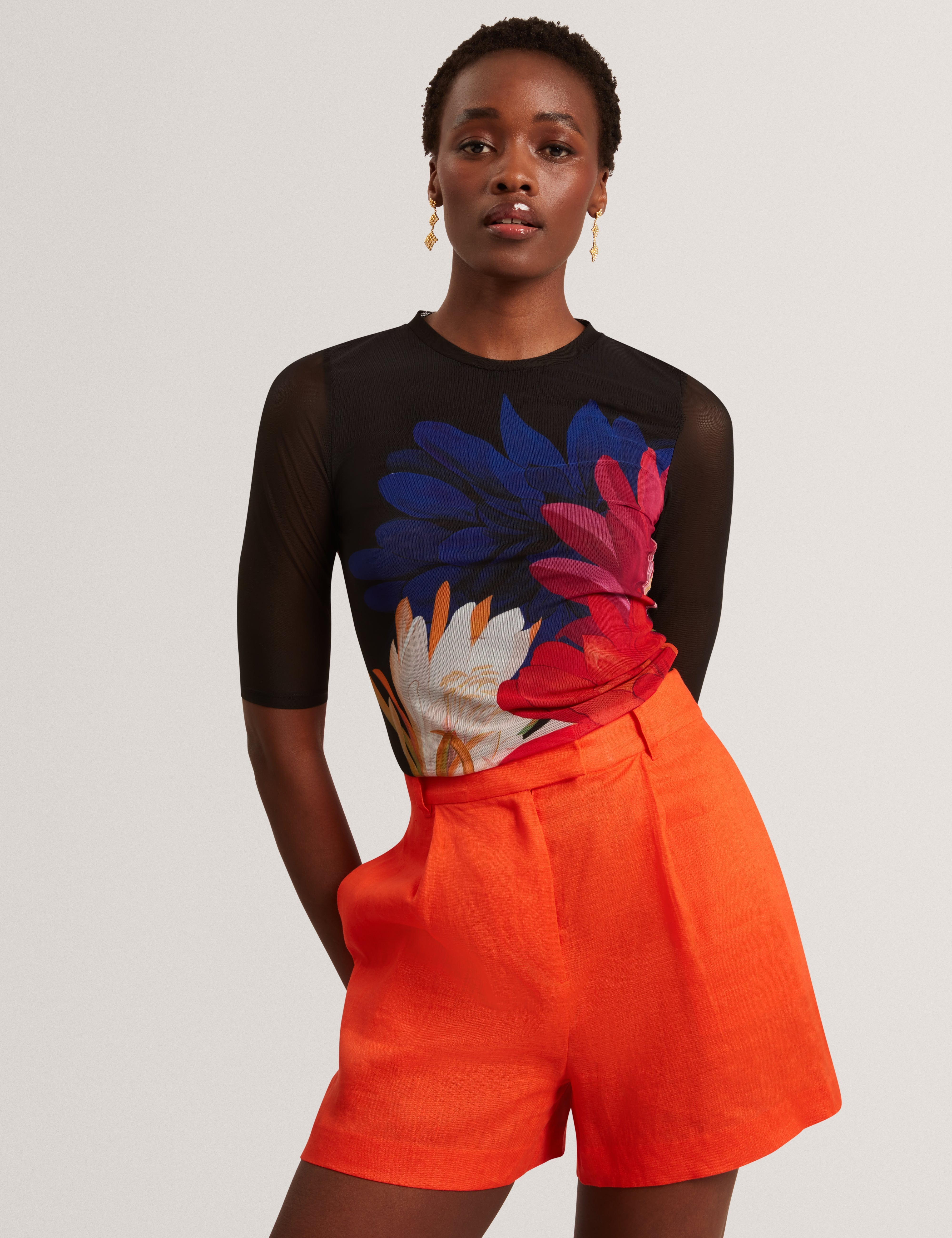 Ilussa Printed Mesh Half Sleeve Top Black