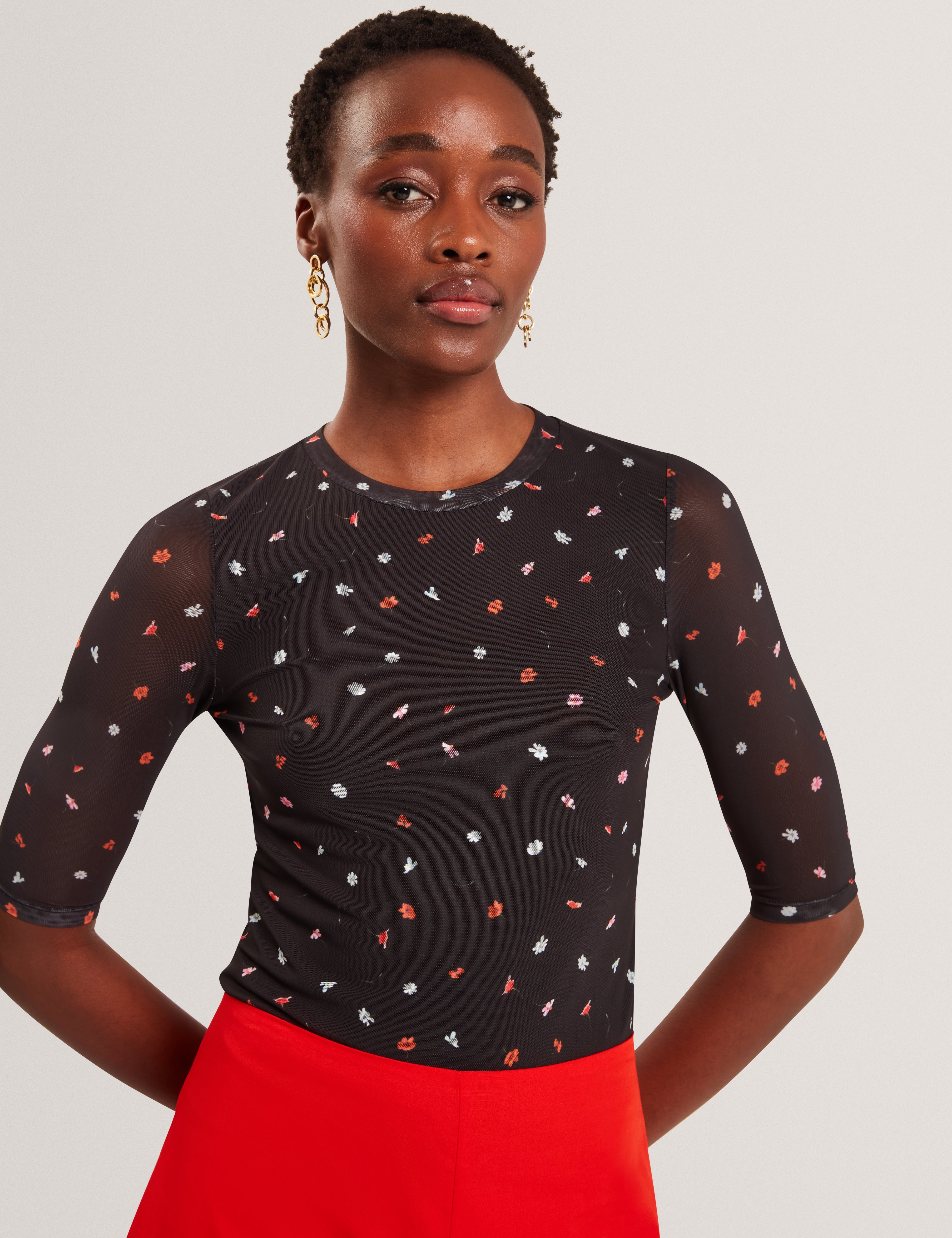 Cailla Printed Mesh Half Sleeve Top Black