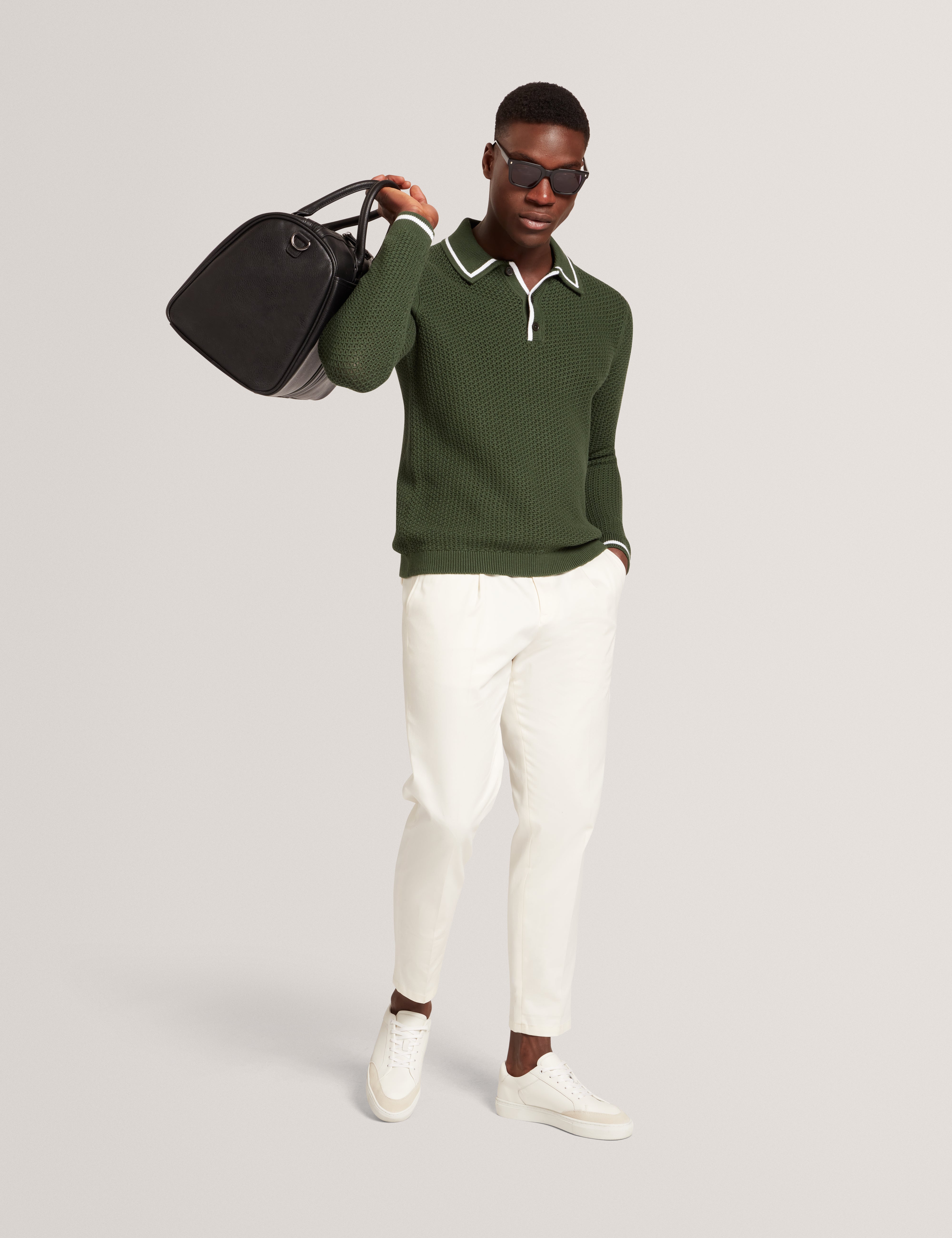 Brucei Long Sleeve Waffle Stitch Knit Polo Dk-Green