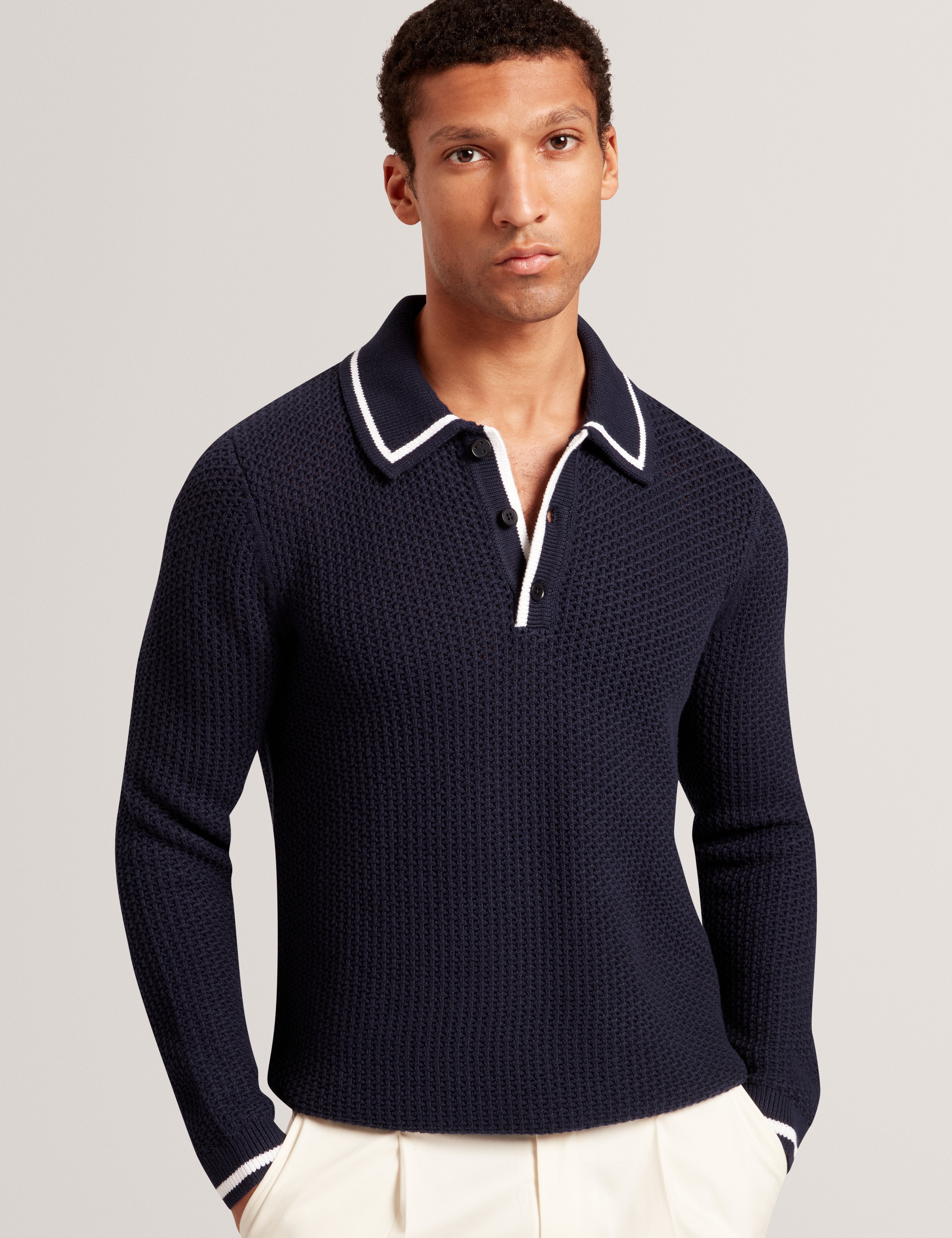 Brucei Long Sleeve Waffle Stitch Knit Polo Navy