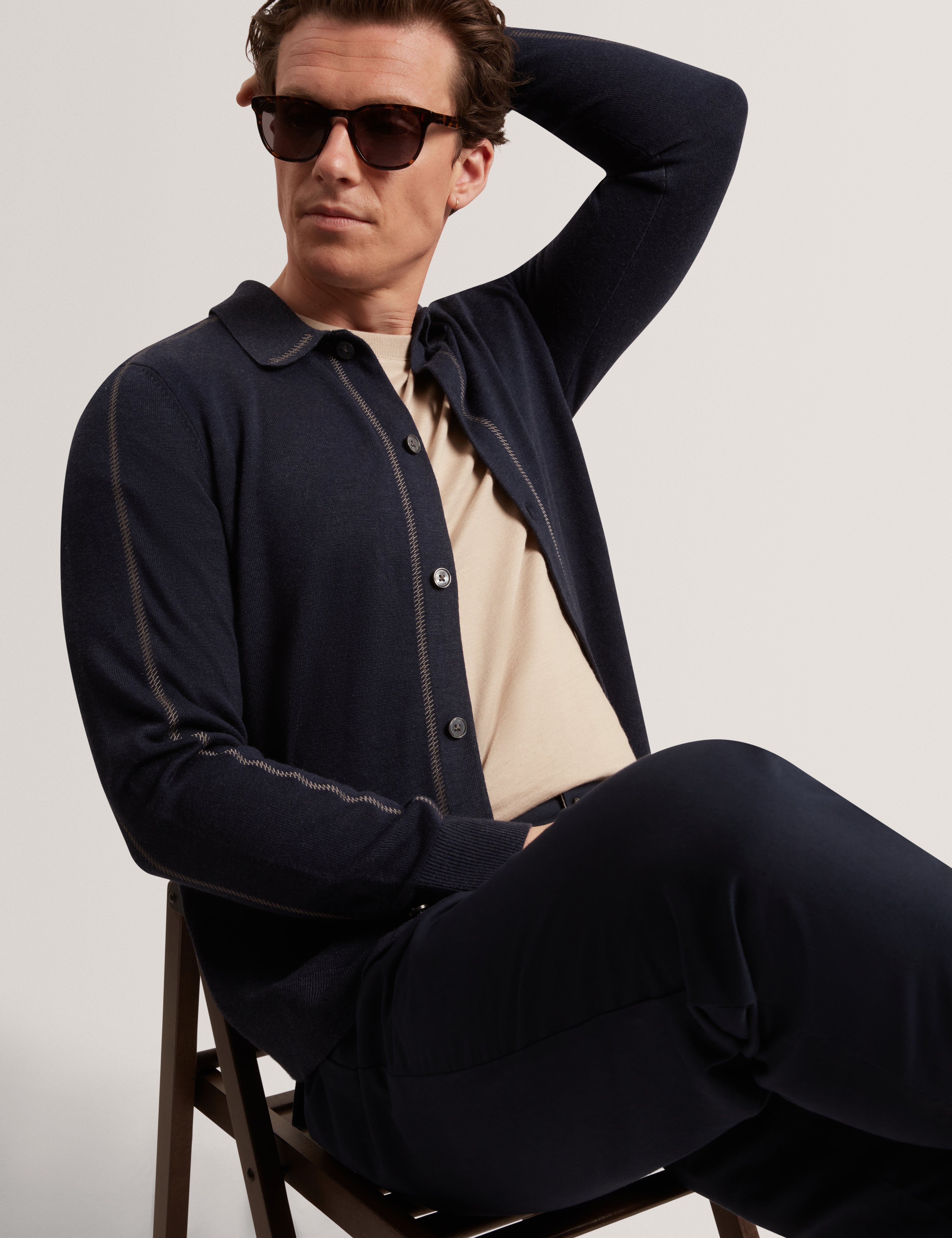 Diarmad Long Sleeve Rib Button Thru Knit Polo Navy