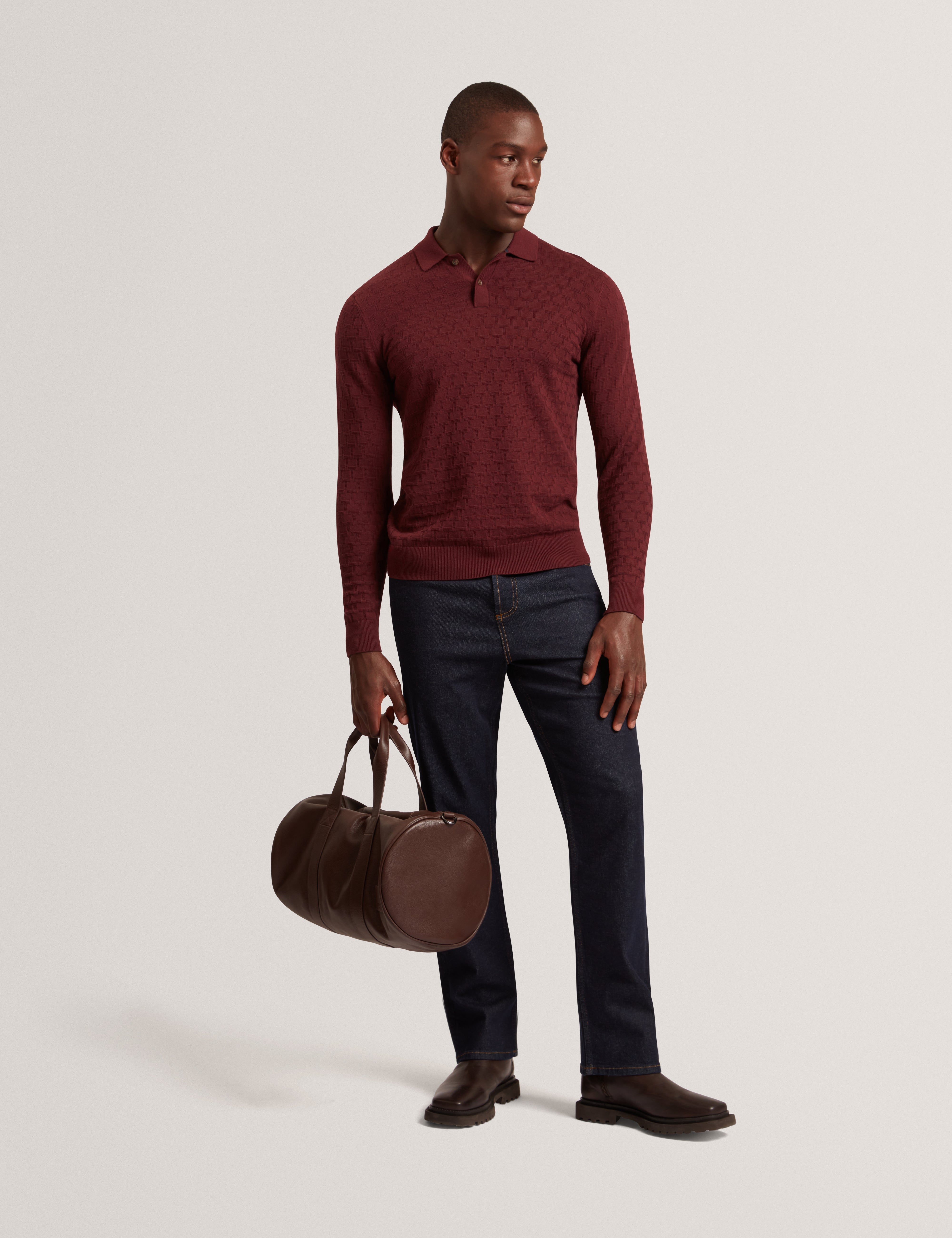 تيشيرت بولو بأكمام طويلة Gaten مزود بخياطة، باللون العنابي.