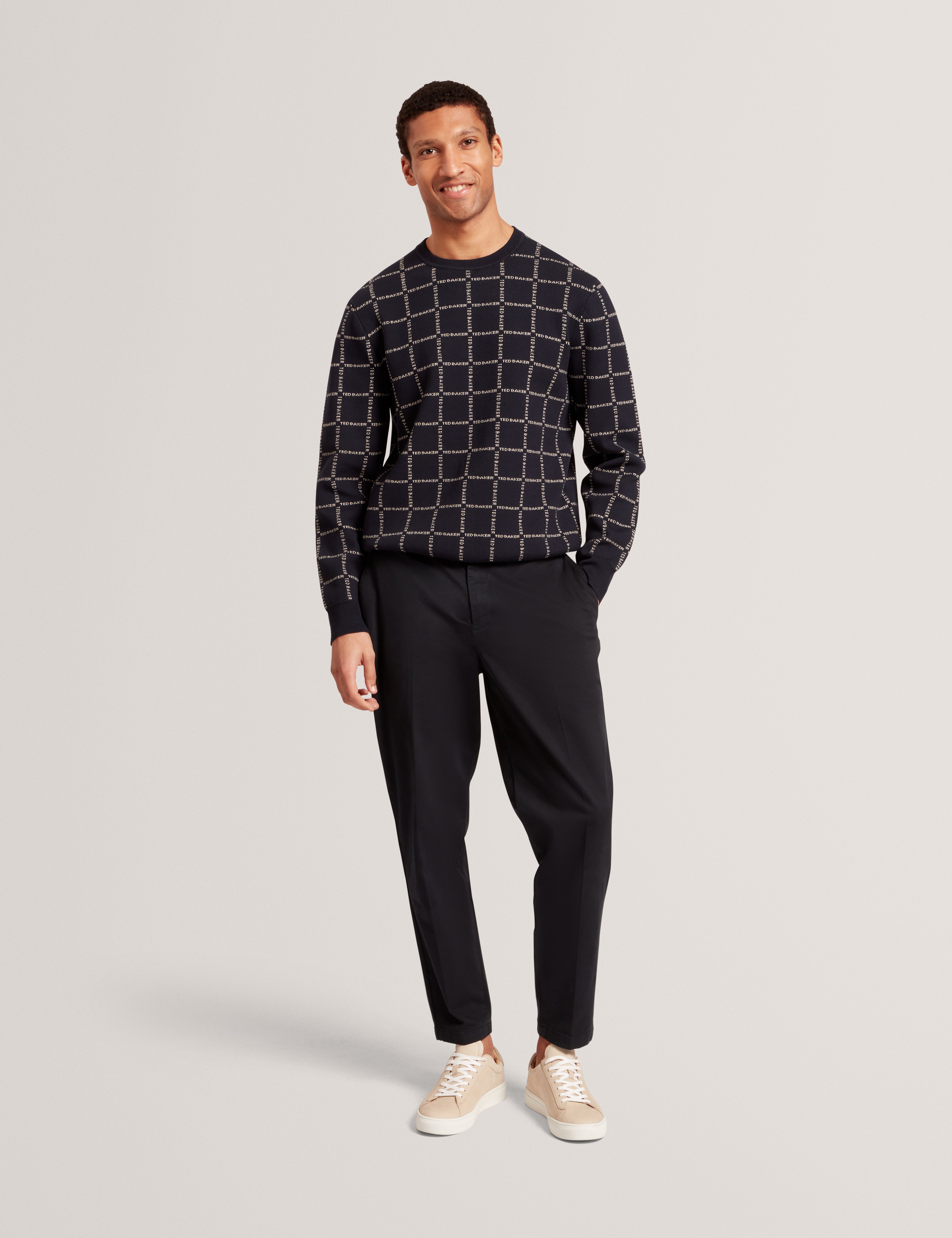 Hysand Short Sleeve Branded Check Crew Neck Navy