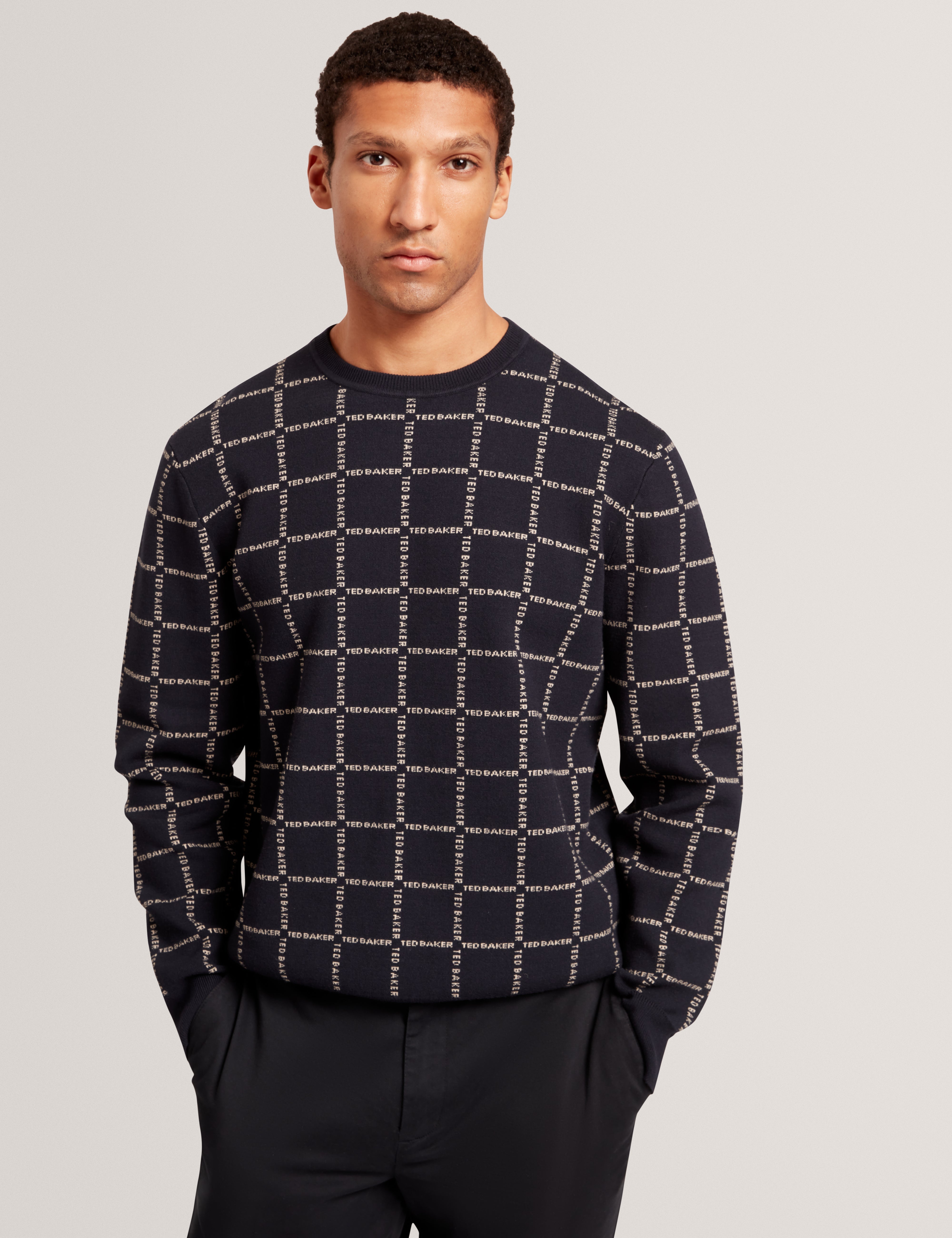 Hysand Short Sleeve Branded Check Crew Neck Navy