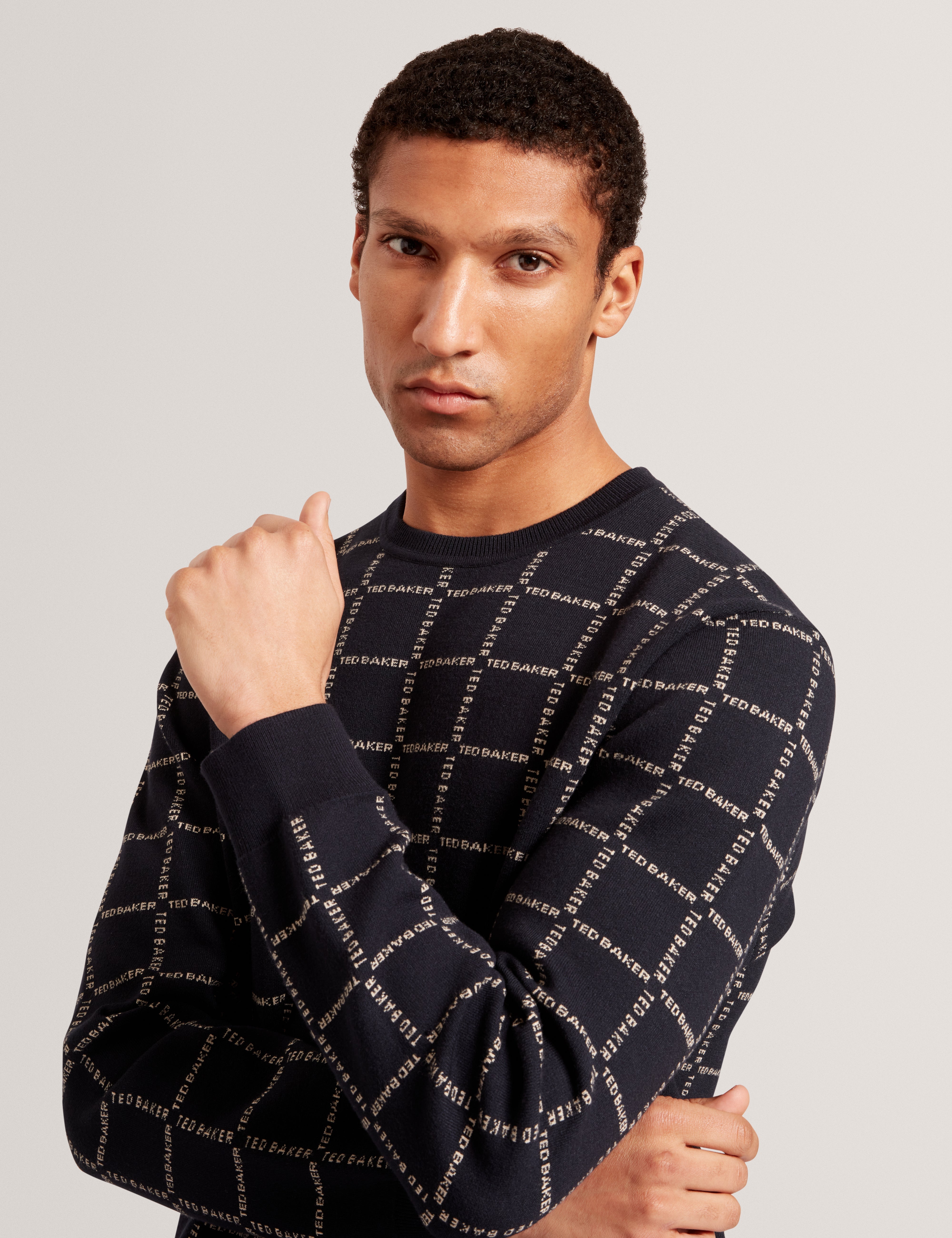 Hysand Short Sleeve Branded Check Crew Neck Navy