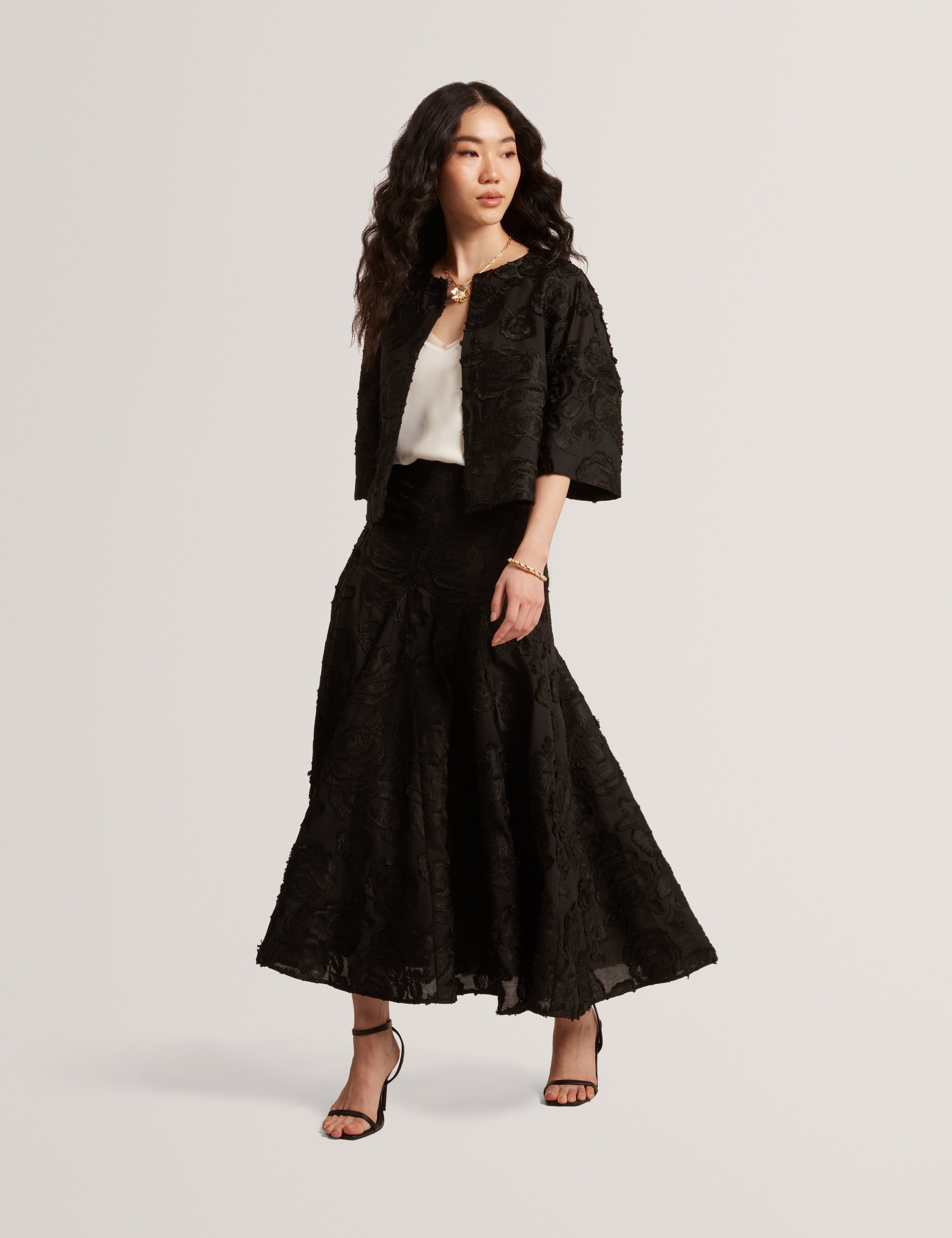 Eccrina Textured Rose Detail Midi Skirt Black