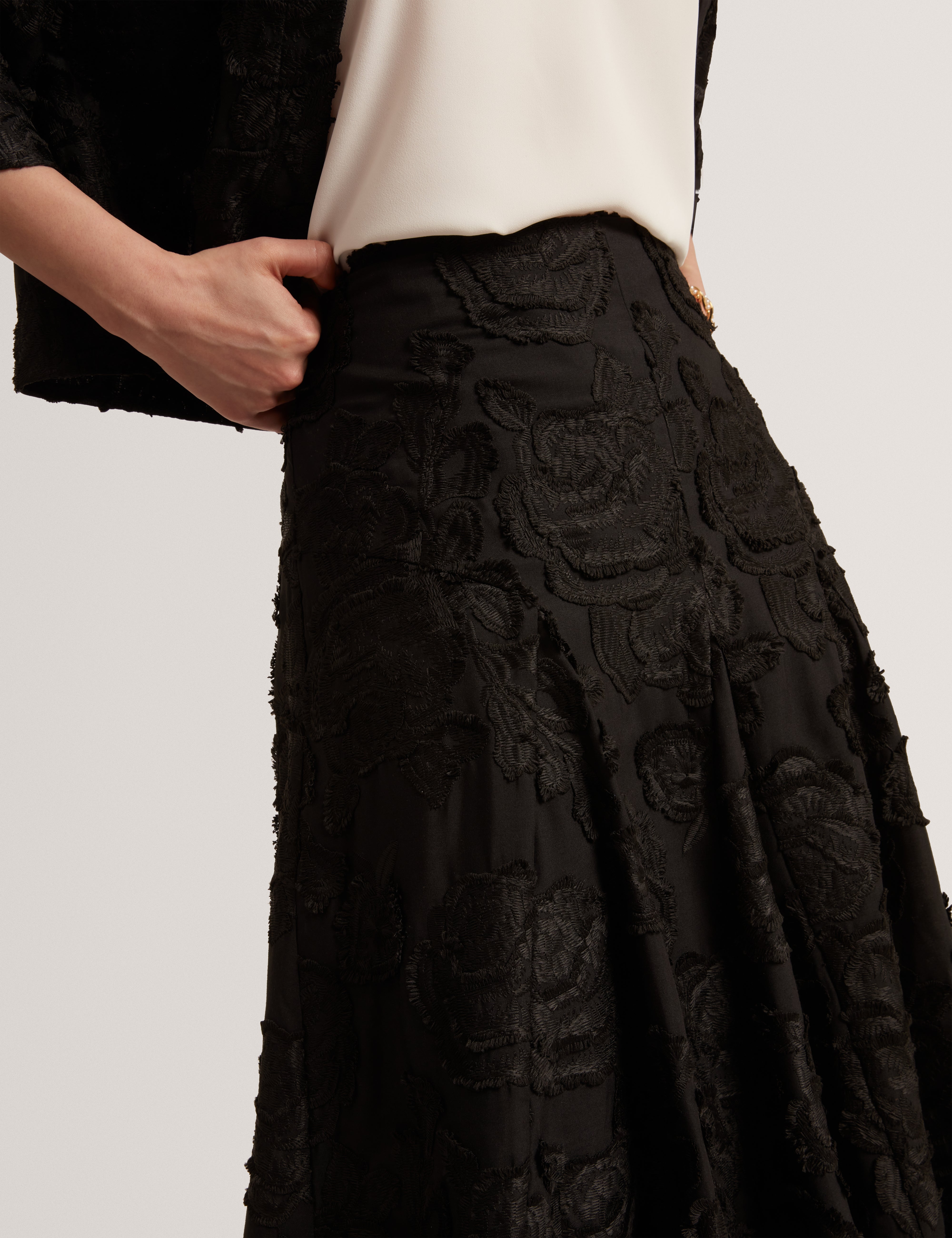 Eccrina Textured Rose Detail Midi Skirt Black