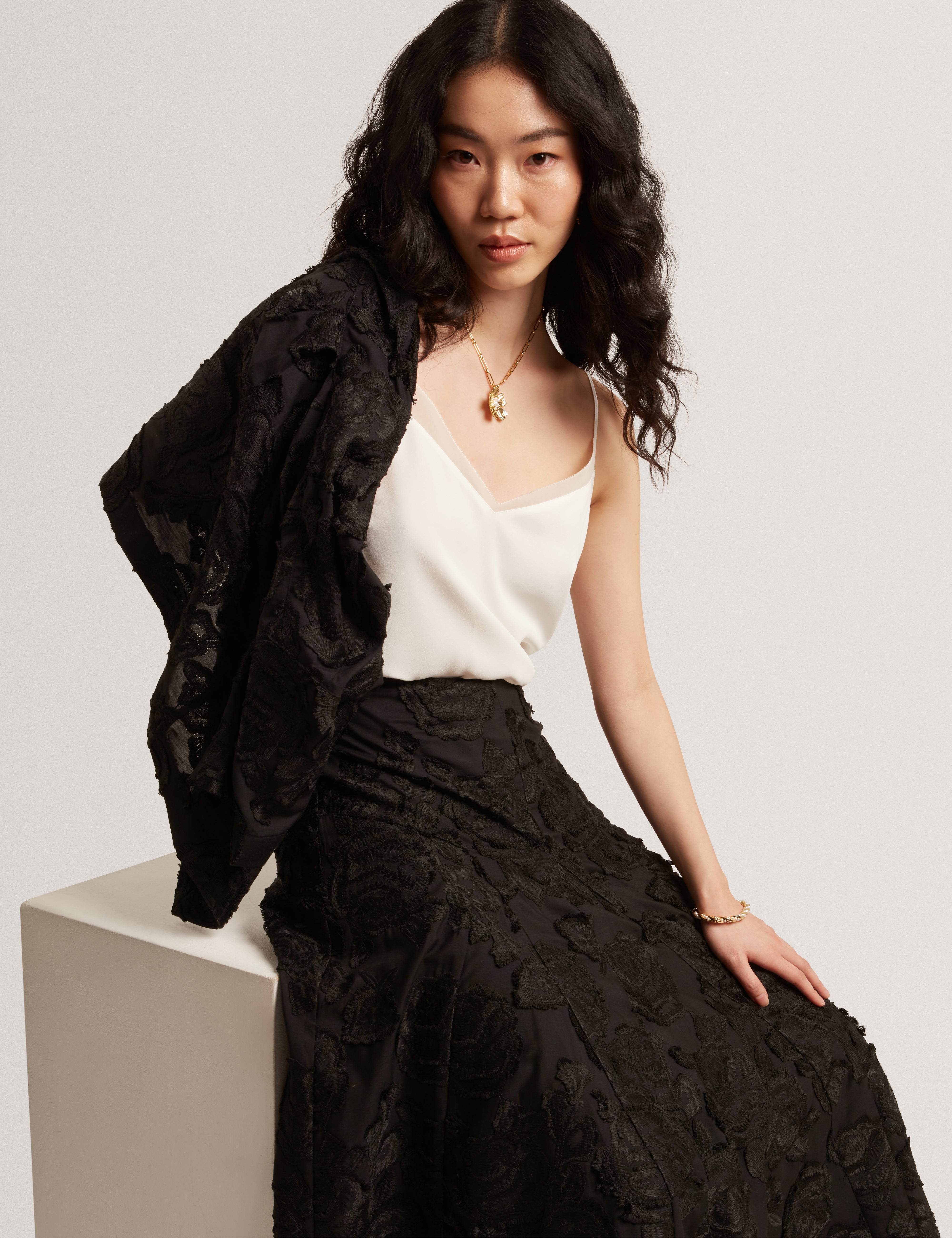 Eccrina Textured Rose Detail Midi Skirt Black