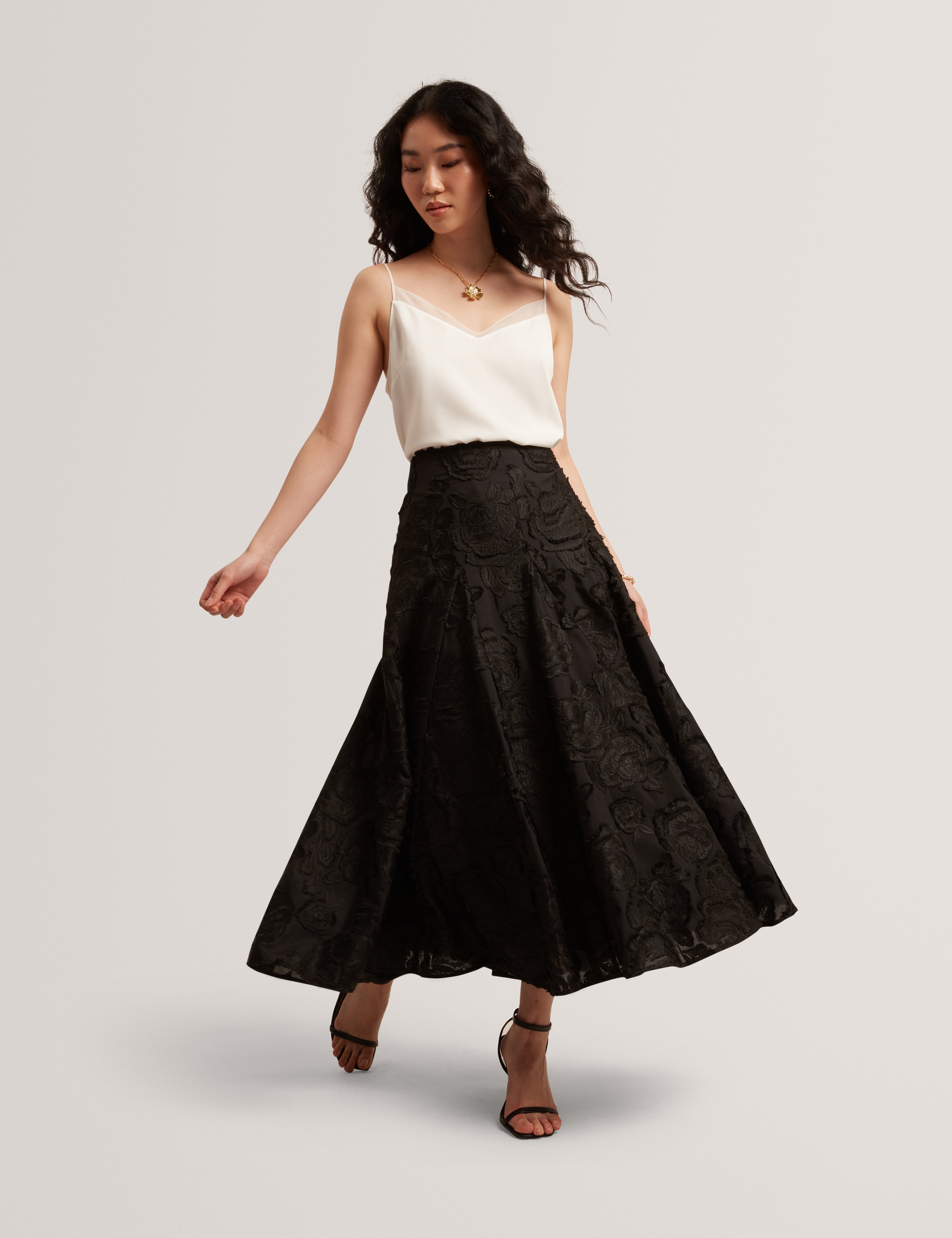 Eccrina Textured Rose Detail Midi Skirt Black