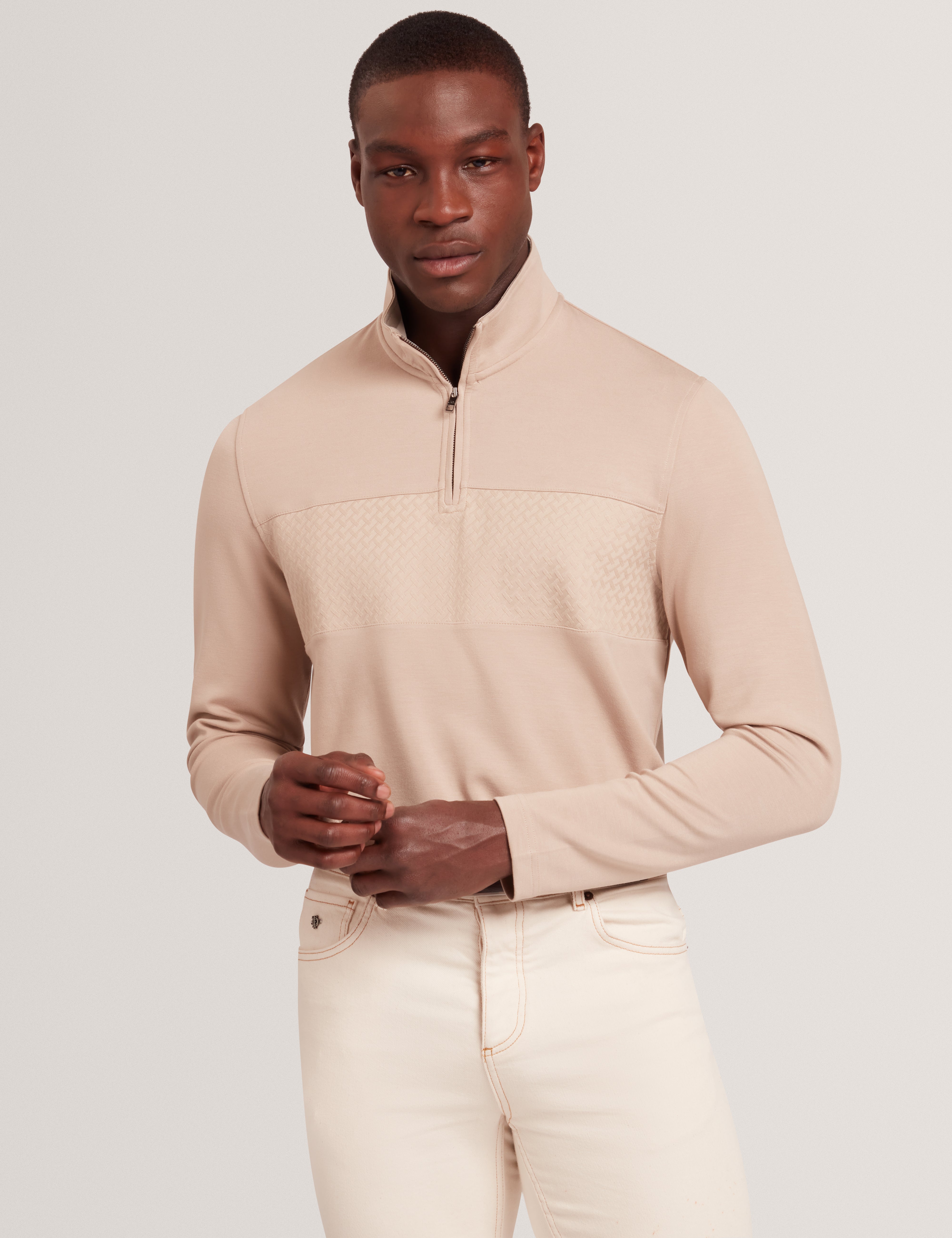 Simonea Long Sleeve Regular Contrast Panel Half-Zip Taupe