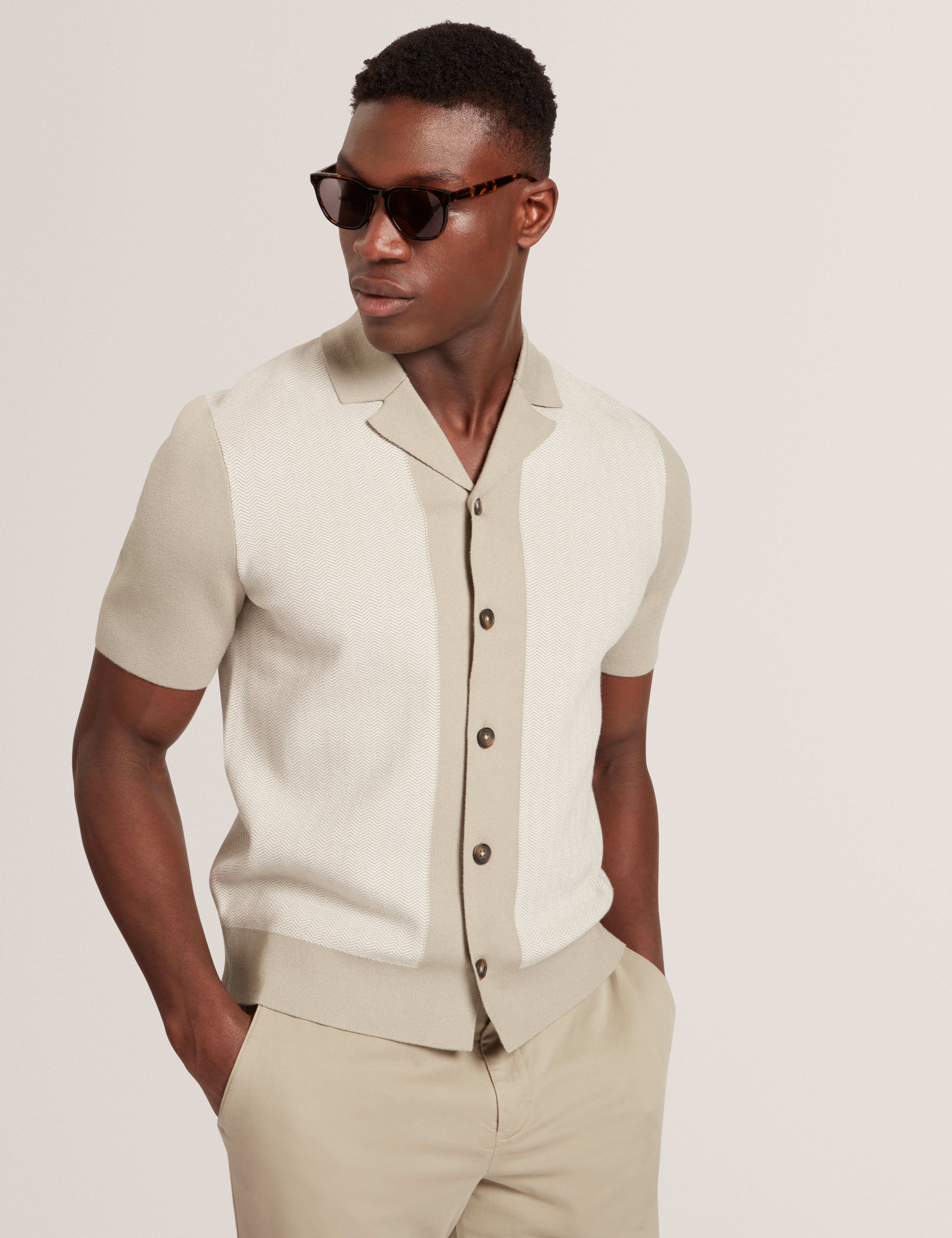 Padrig Short Sleeve Knitted Herringbone Shirt Khaki