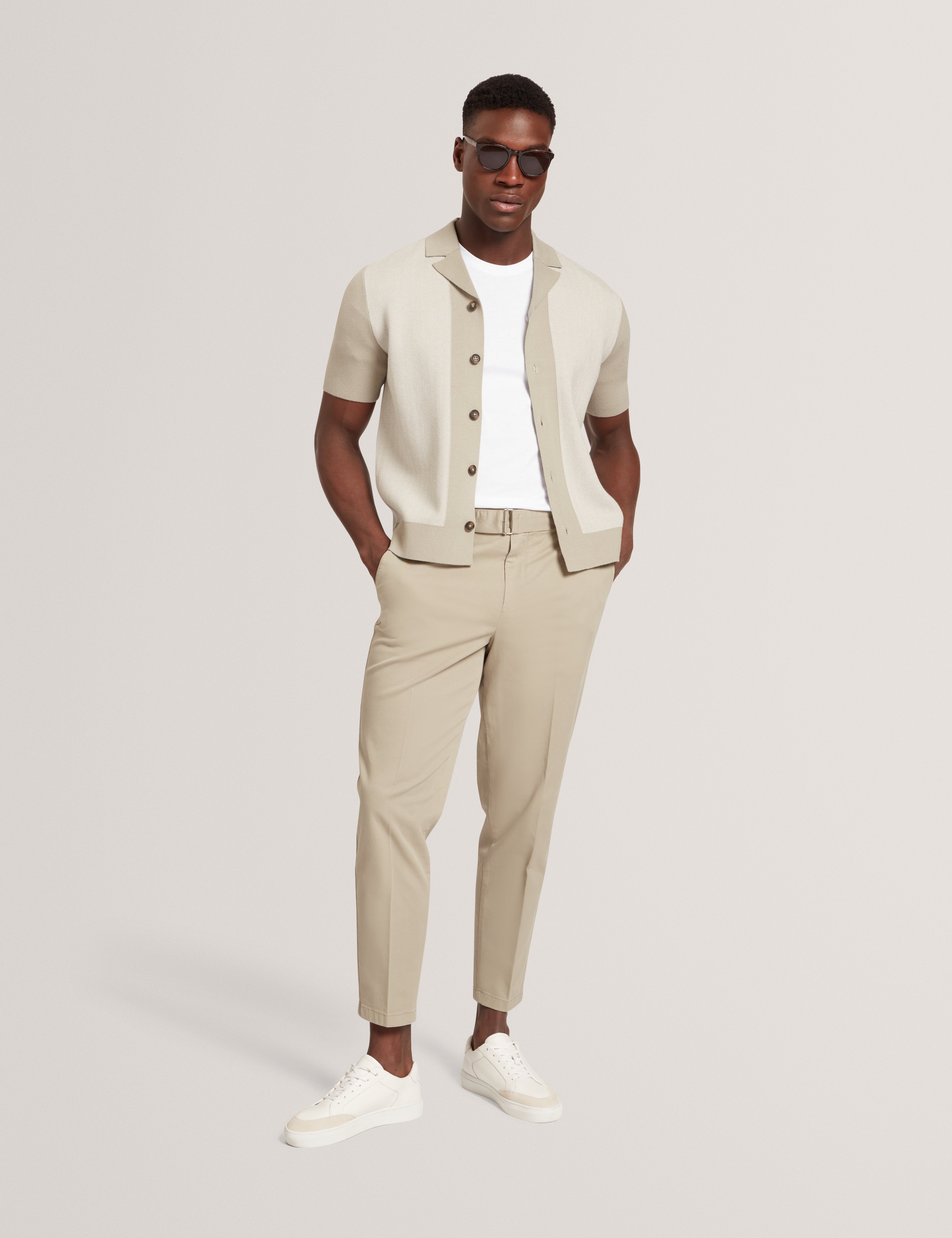 Padrig Short Sleeve Knitted Herringbone Shirt Khaki