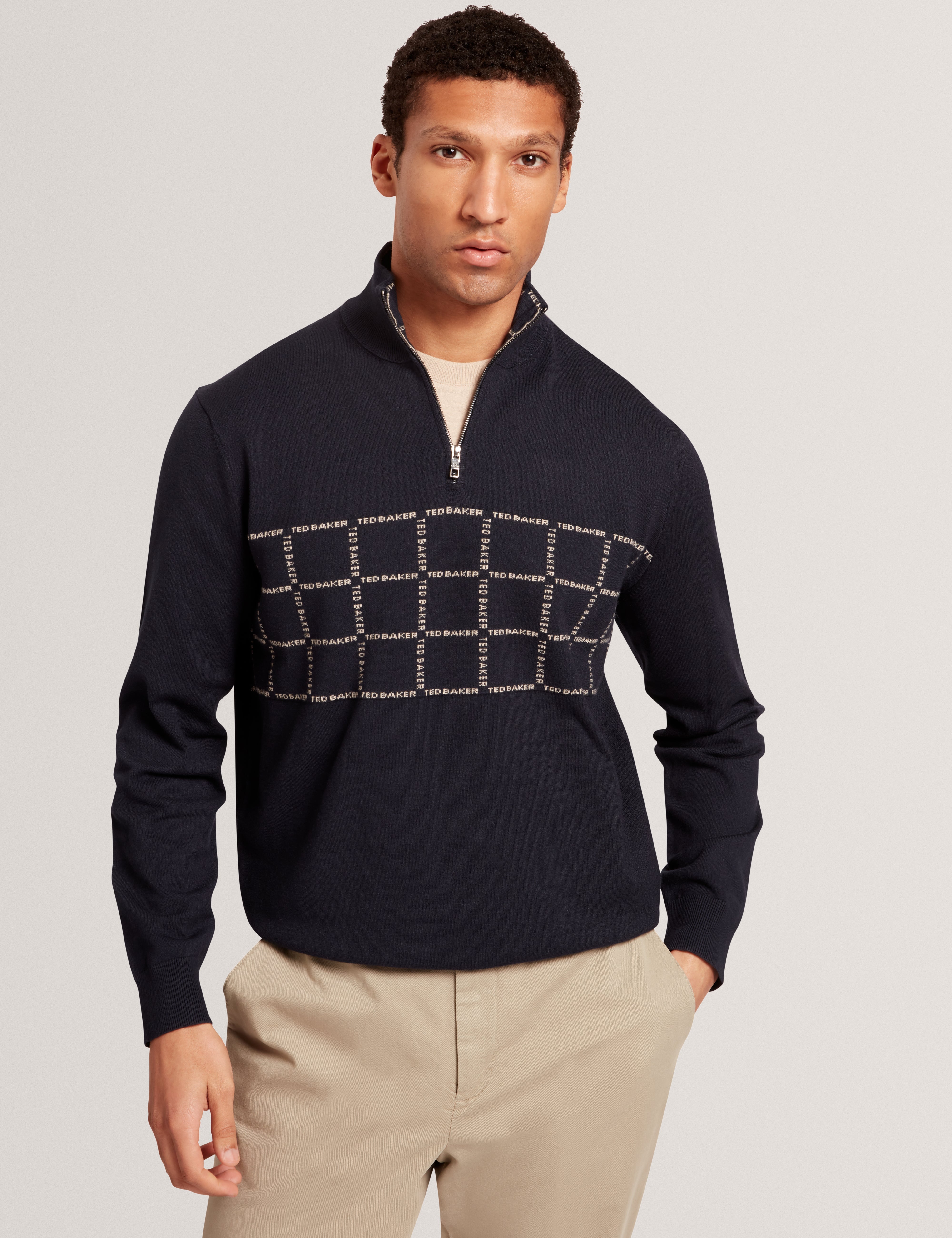 Robinsn Long Sleeve Branded Check Half Zip Shirt Navy