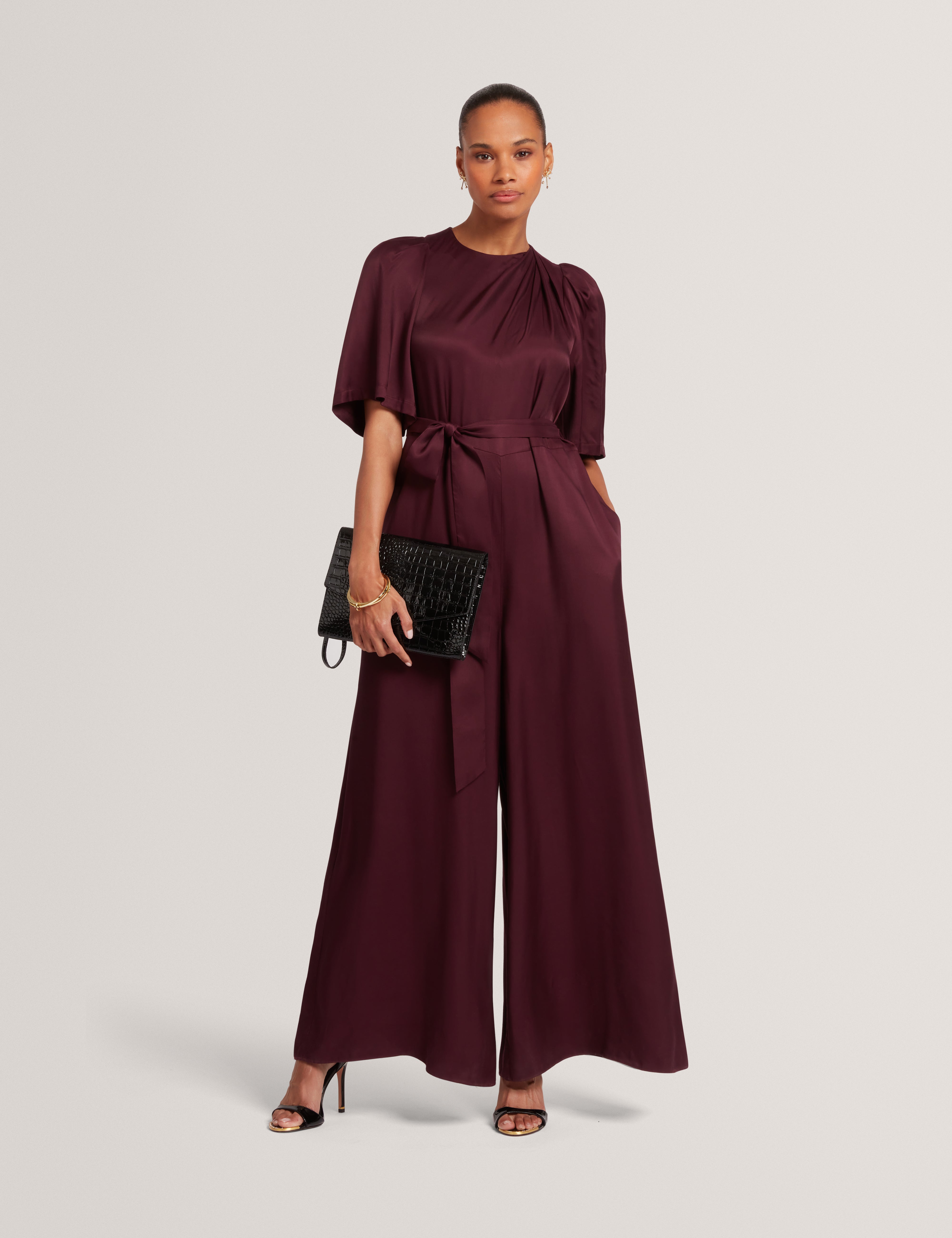 Taupa Drape Neck Wide Leg Jumpsuit Oxblood