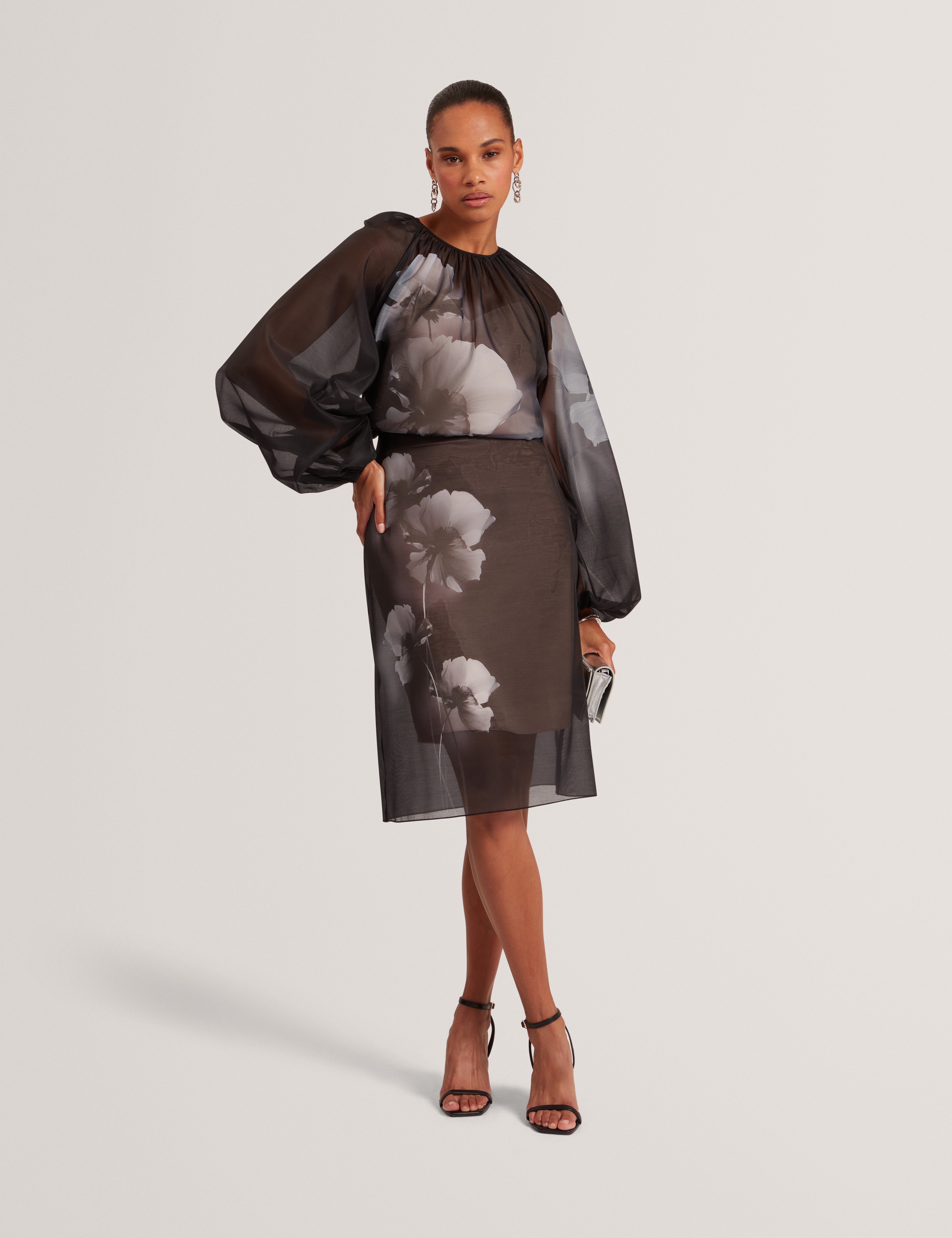 Plaaza Puff Sleeve Blouse With Organza Overlay Black