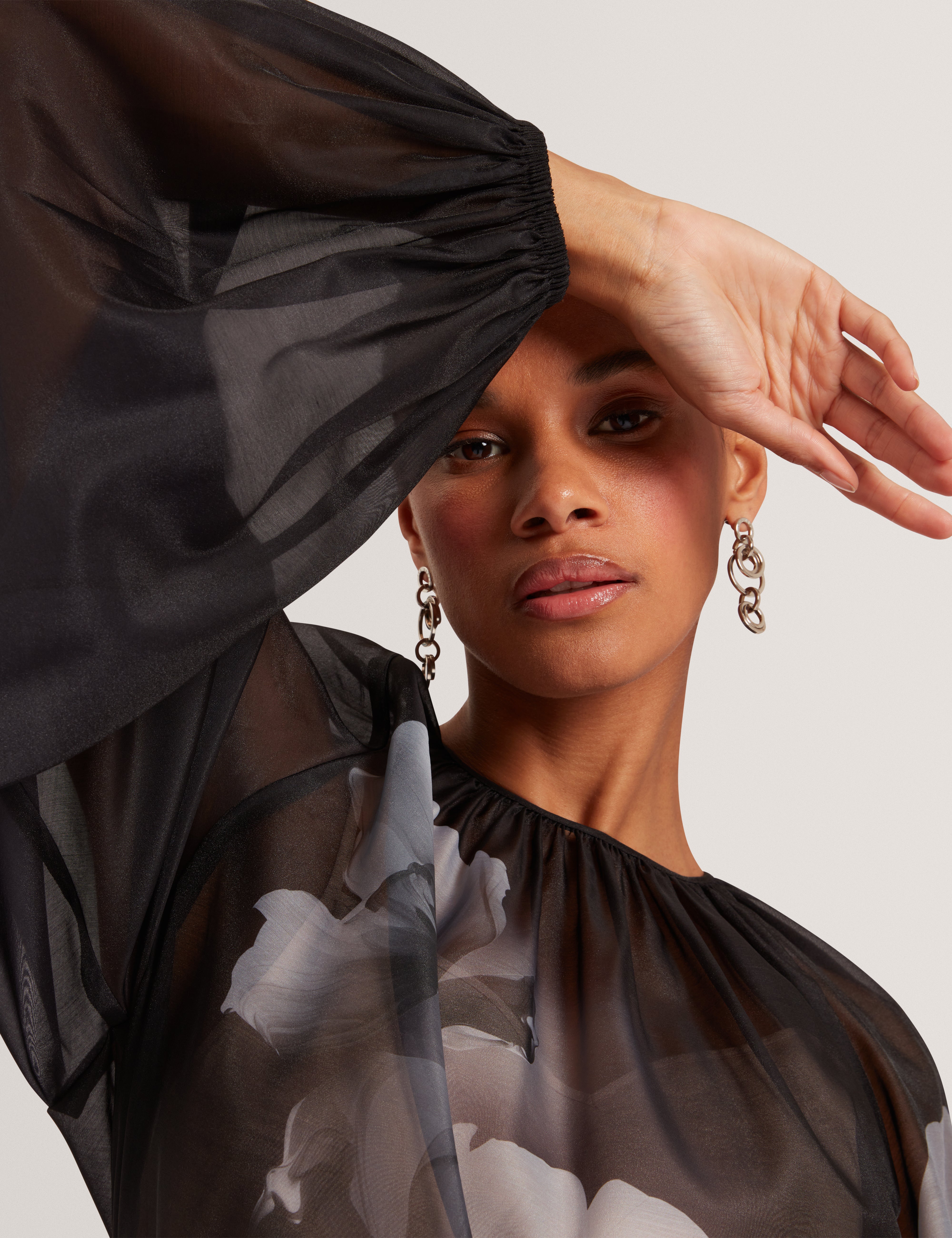 Plaaza Puff Sleeve Blouse With Organza Overlay Black