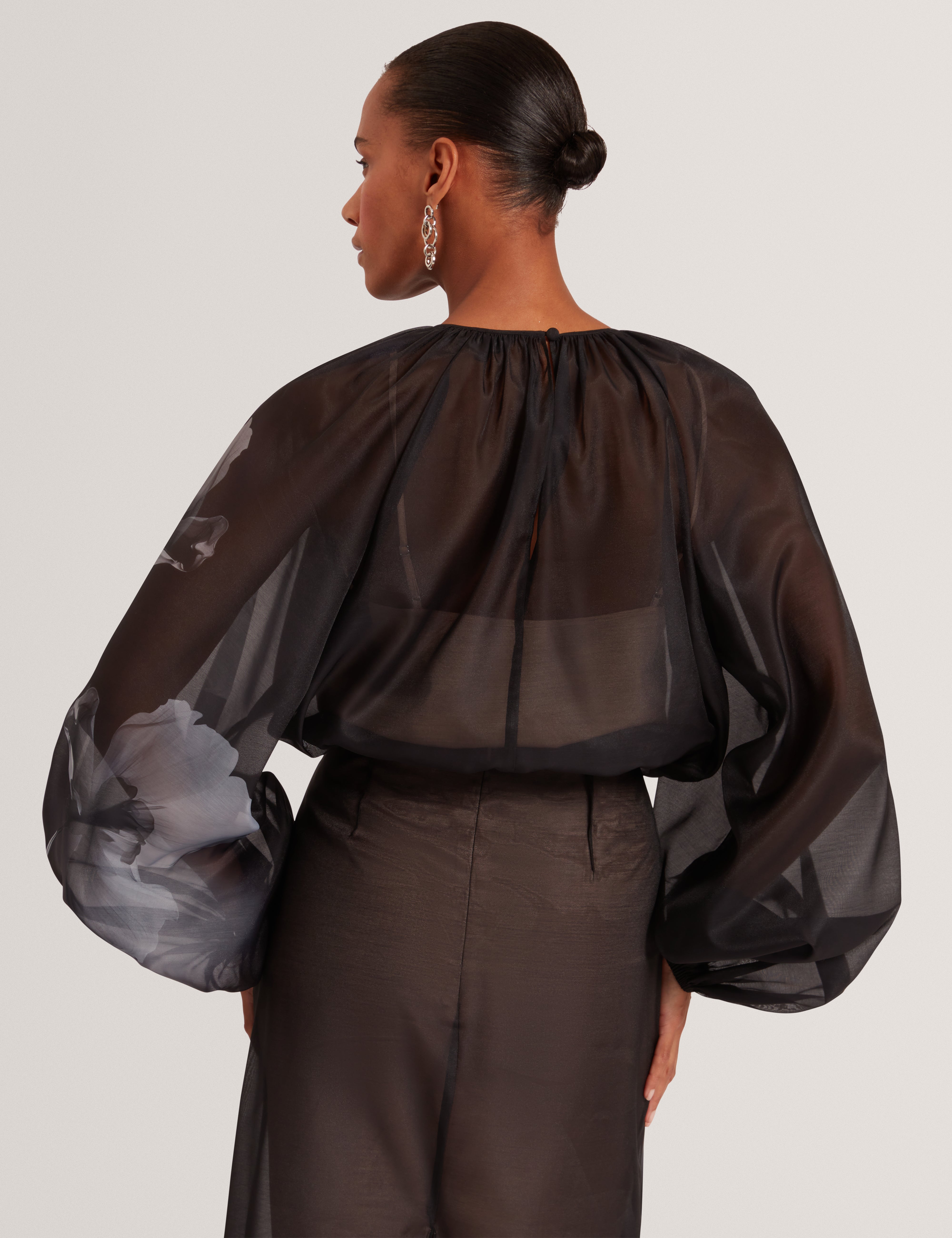 Plaaza Puff Sleeve Blouse With Organza Overlay Black