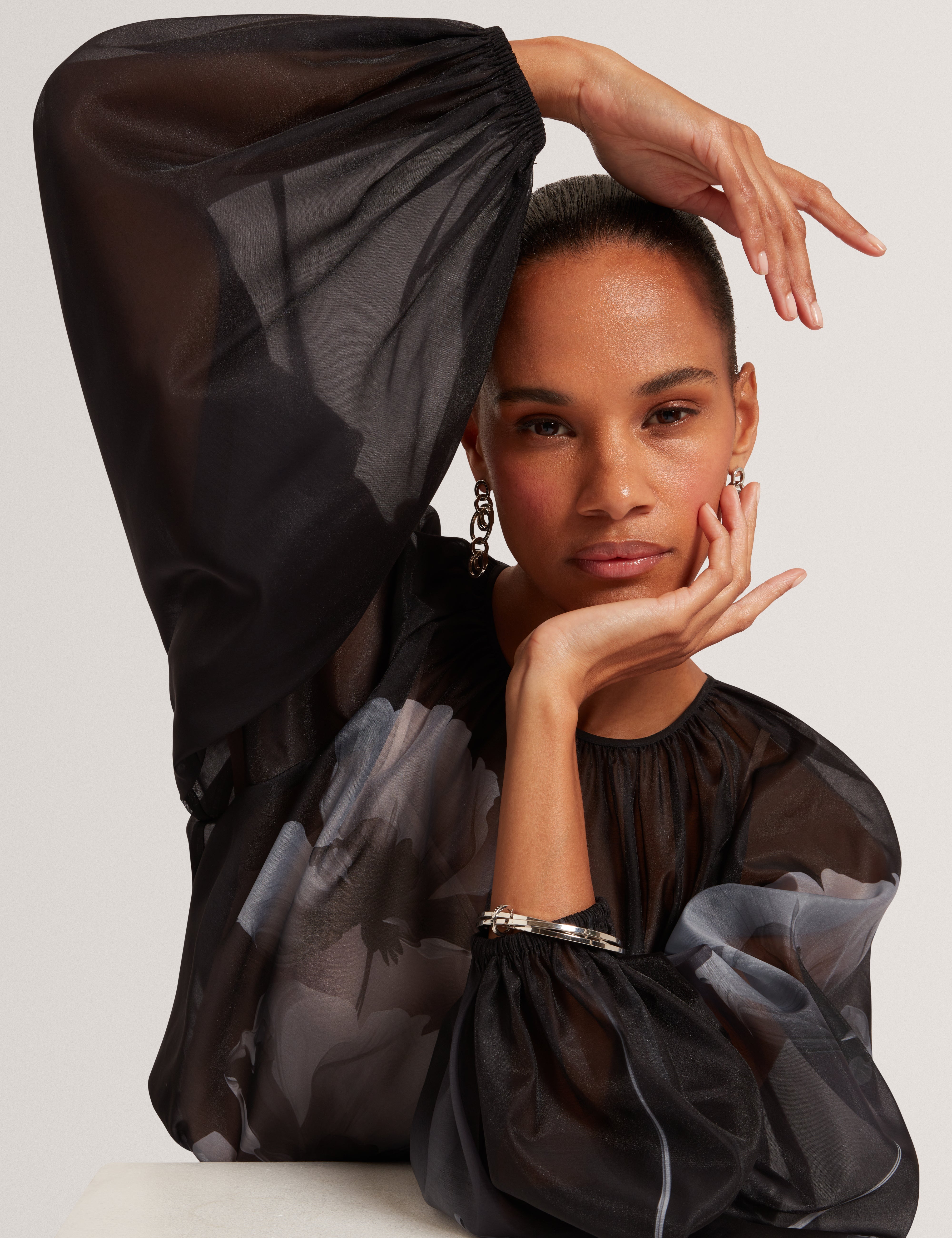 Plaaza Puff Sleeve Blouse With Organza Overlay Black