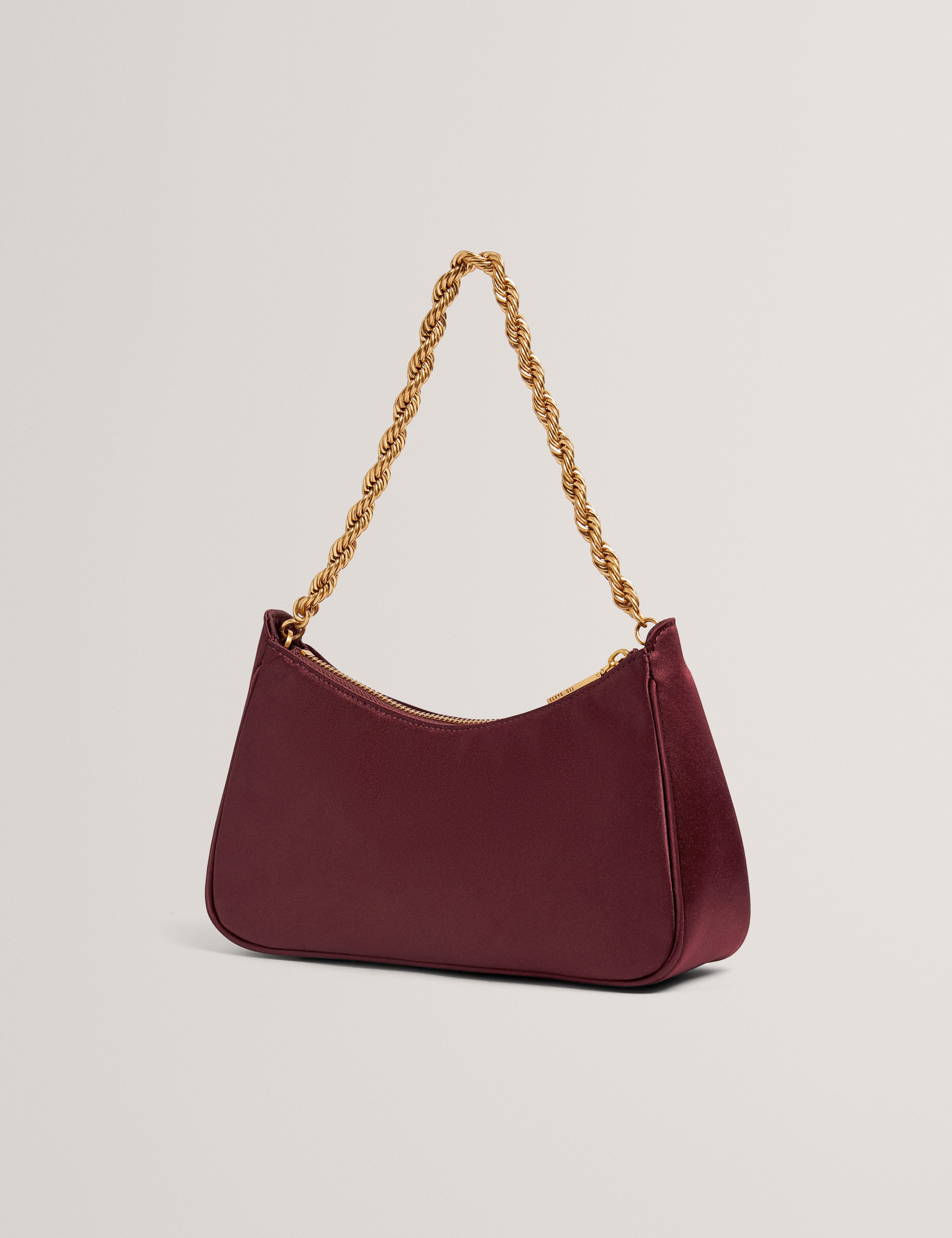 Agnise Chain Detail Satin Shoulder Bag Wine