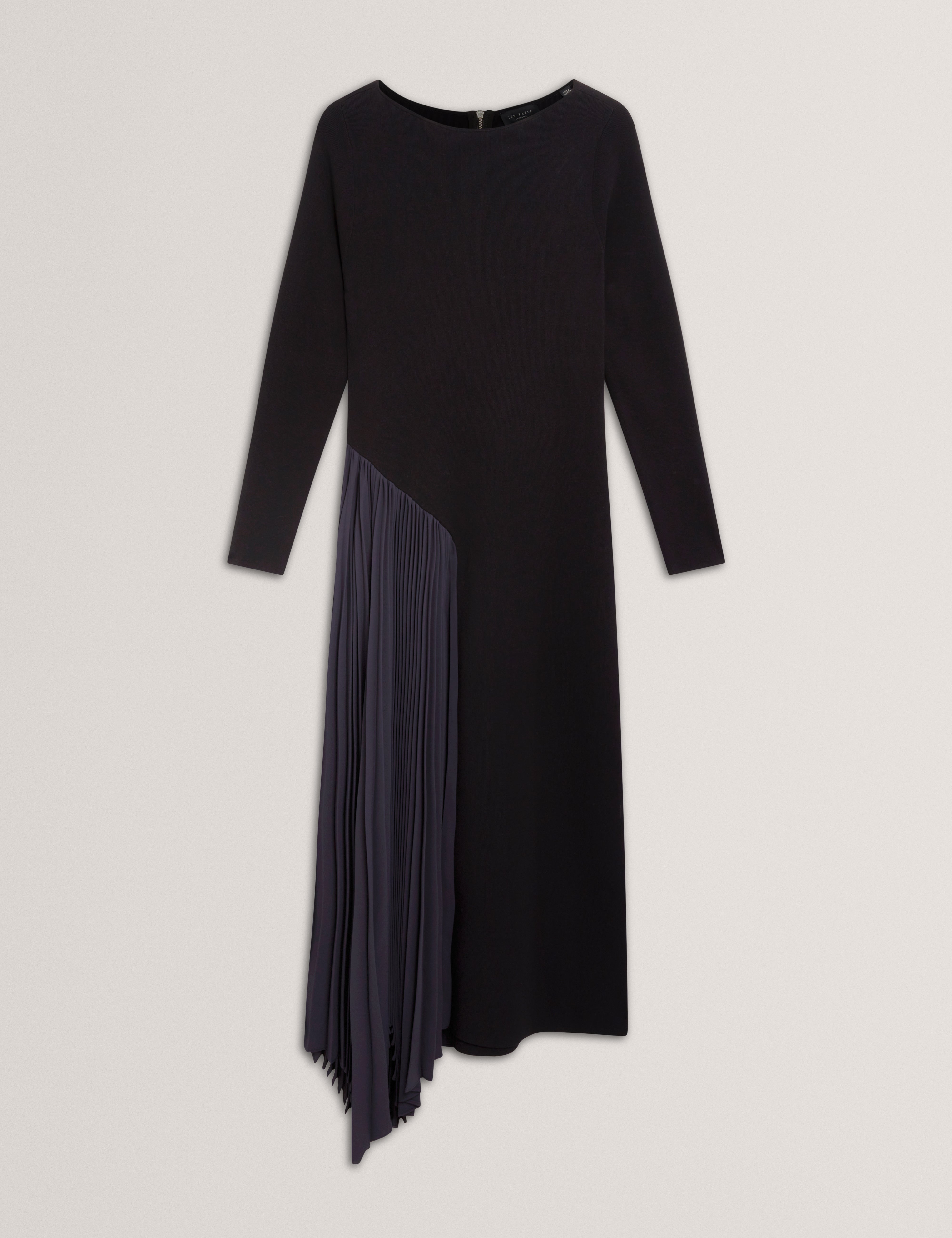 بيلفي فستان ميدي بأكمام طويلة وثنيات لون كحلي