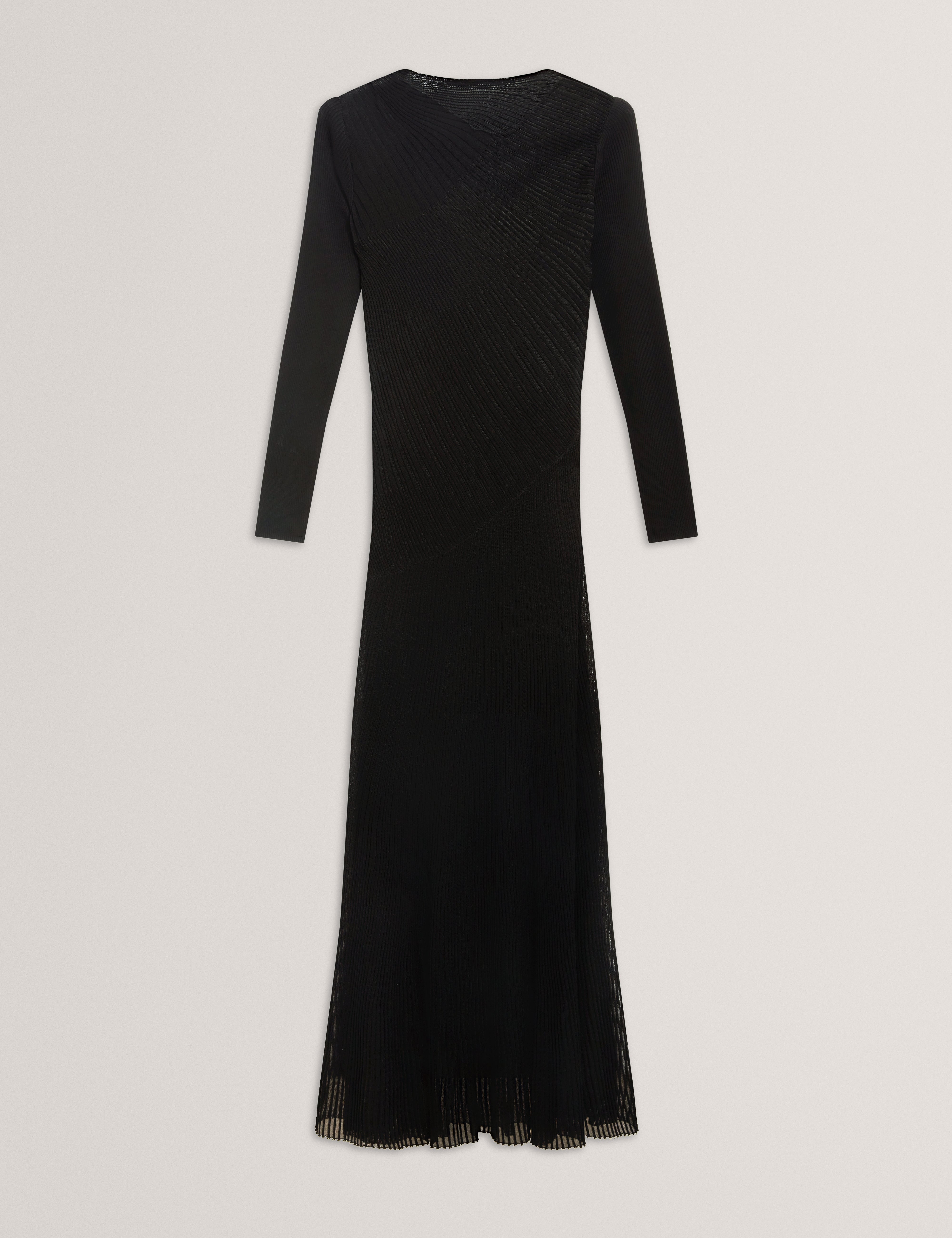 فستان أوكاسا متوسط ​​الطول محبوك بأكمام طويلة وتفاصيل شفافة باللون الأسود