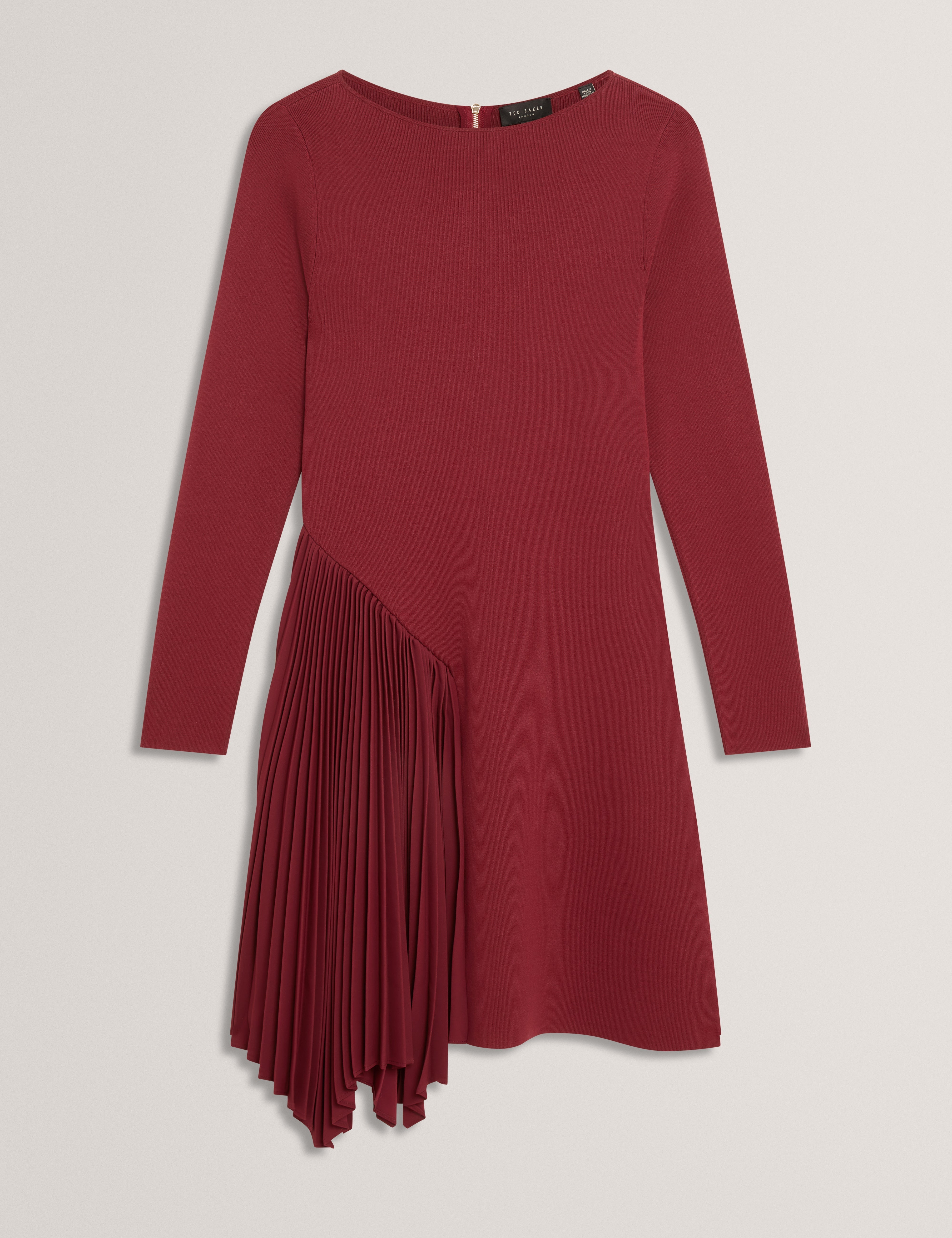 فستان قصير محبوك بأكمام طويلة من نالري مع كشكش، لون بورجوندي.