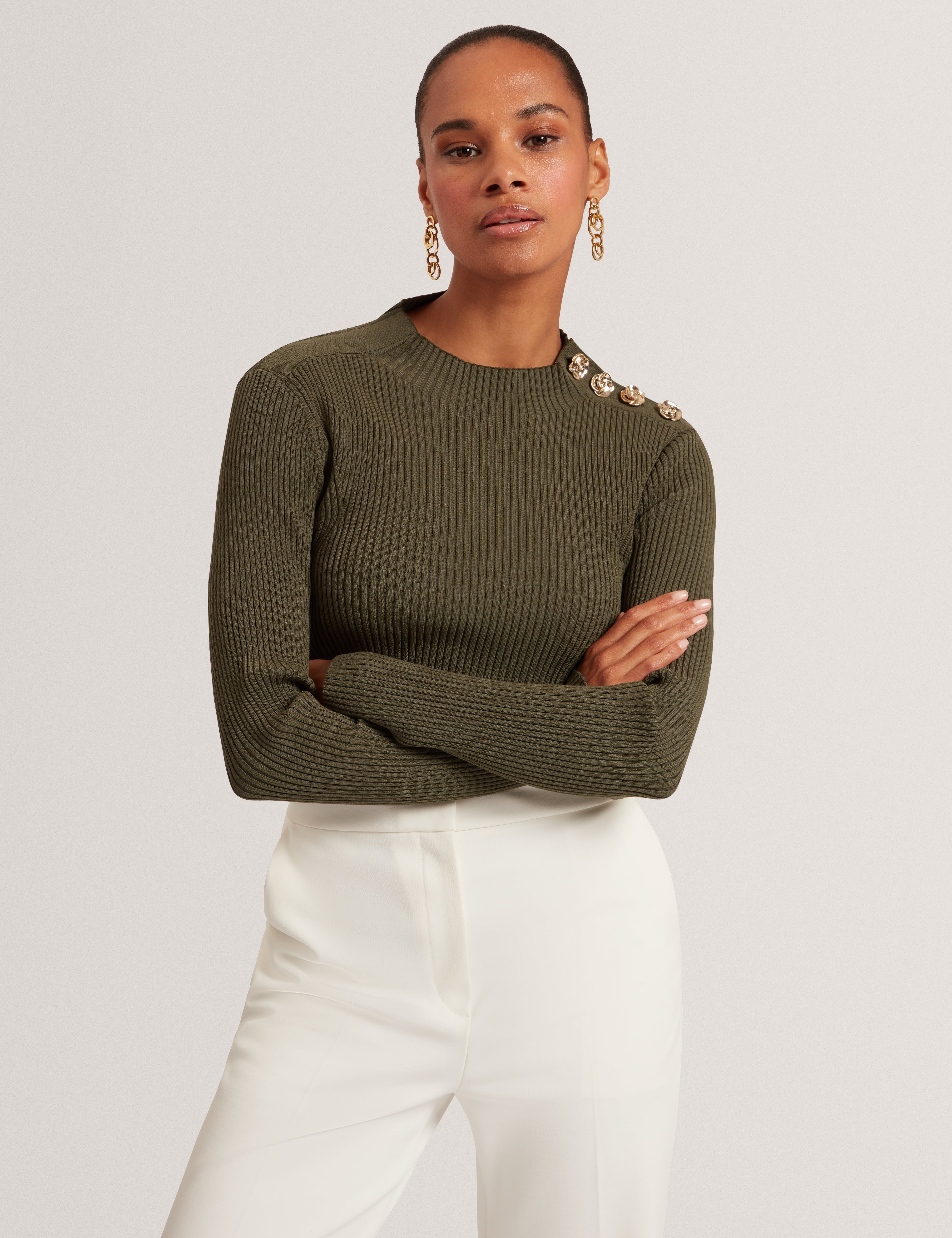 بلينا روز سترة محبوكة بأكمام طويلة لون أخضر داكن