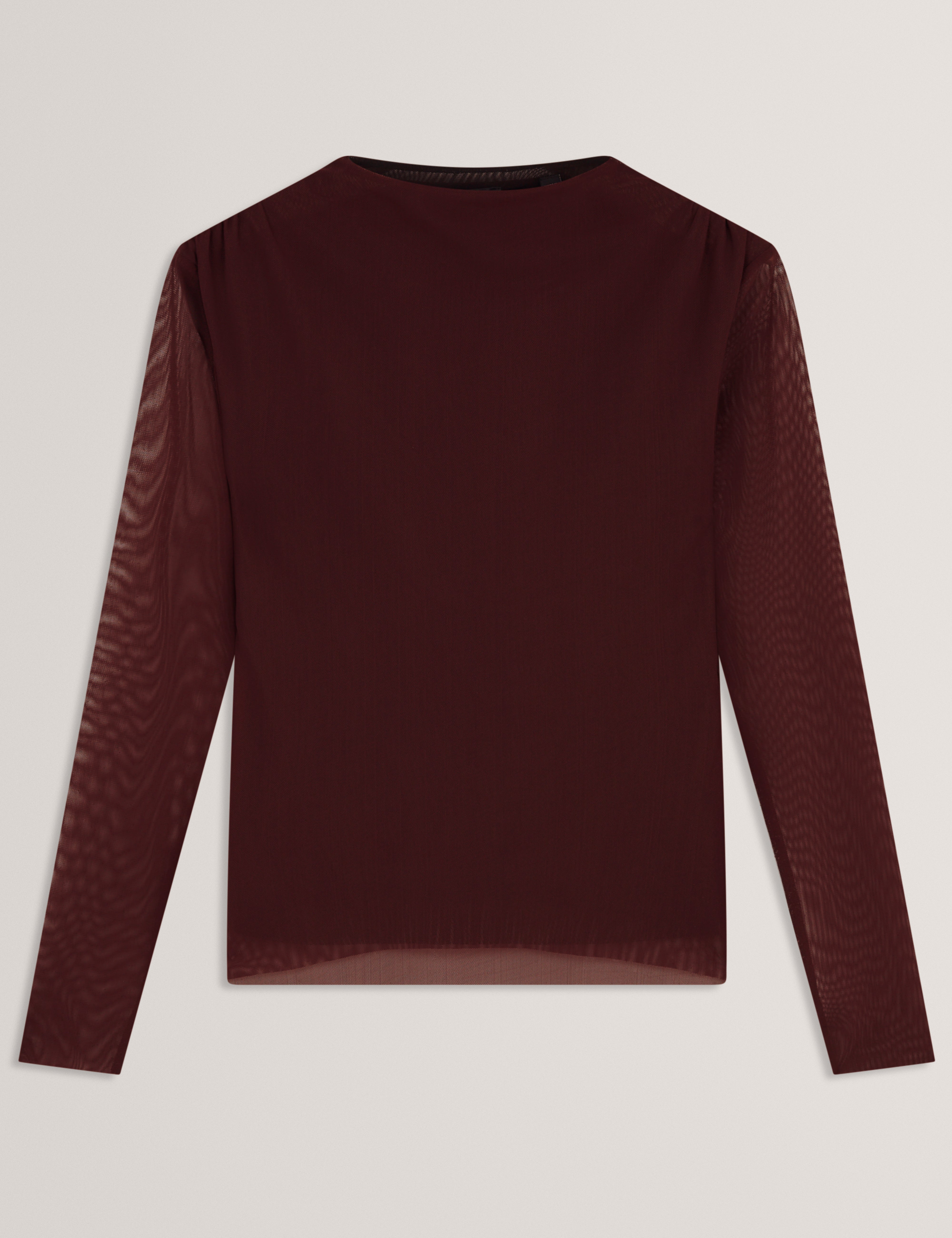 ناما كنزة بأكمام طويلة شفافة باللون الأحمر الداكن