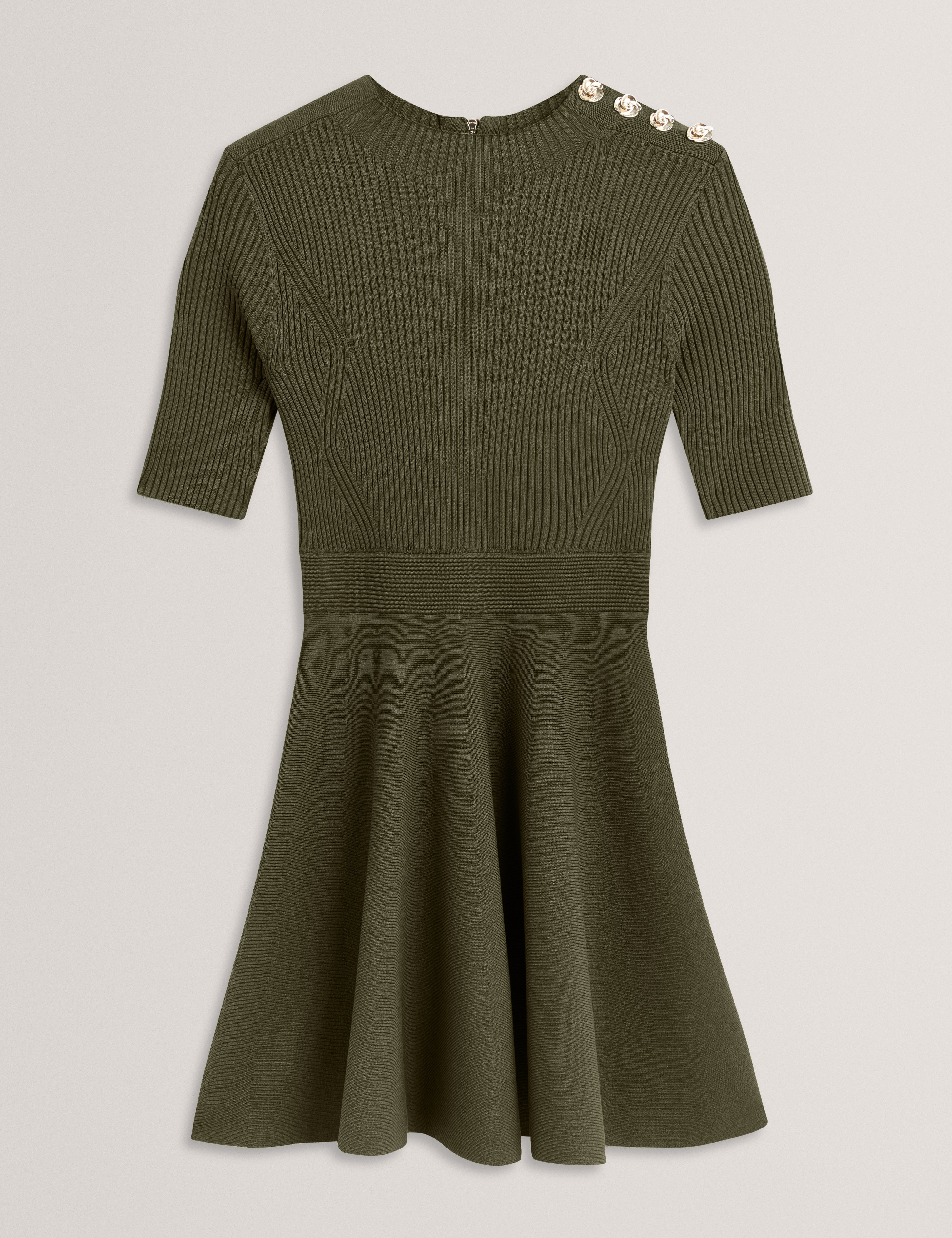 Lilano Ribbed Knit Button Detail Skater Dress Dk-Green Lilano Ribbed Knit Button Detail Skater Dress Dk-Green