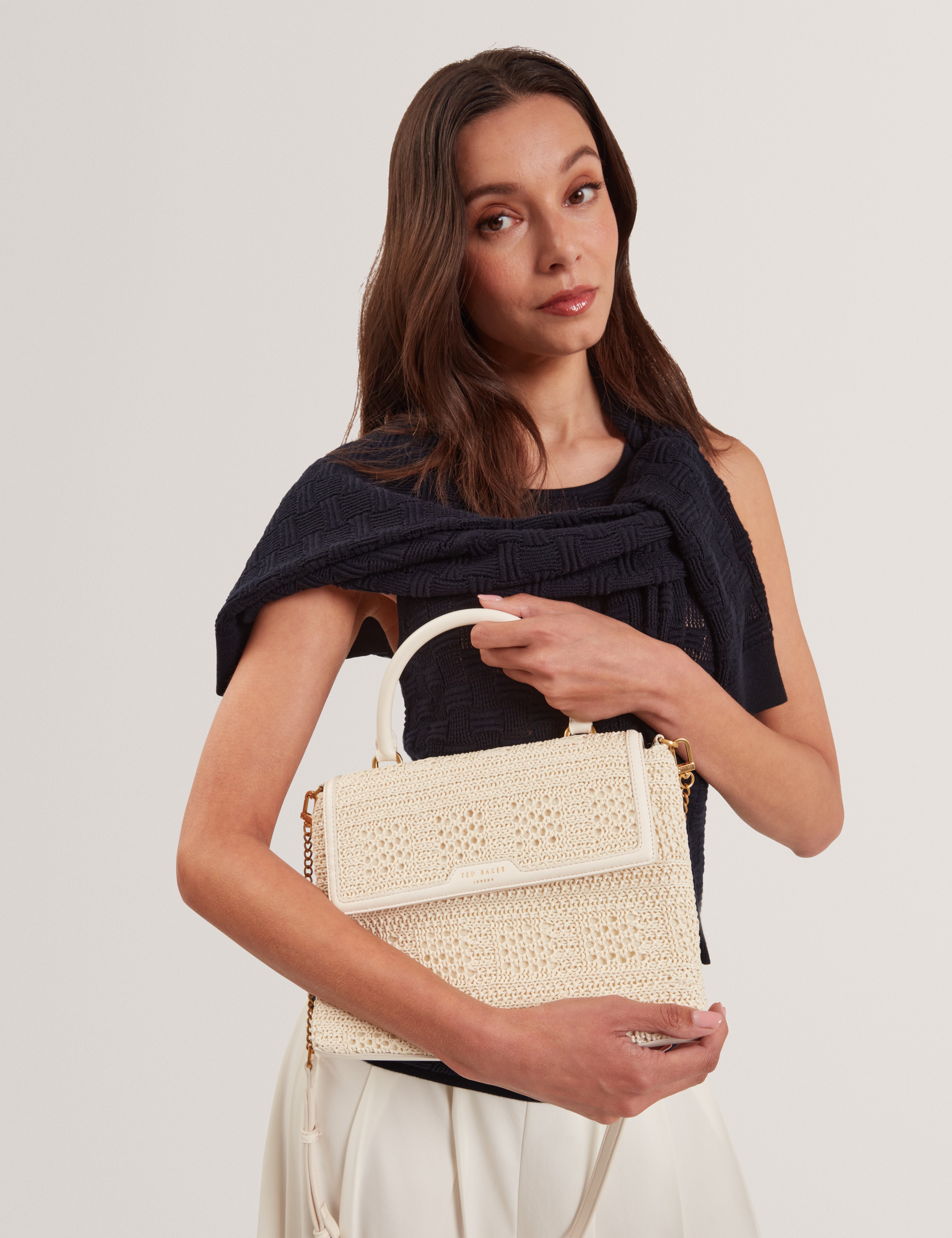 Pamissa Raffia Straw Top Handle Bag Ivory