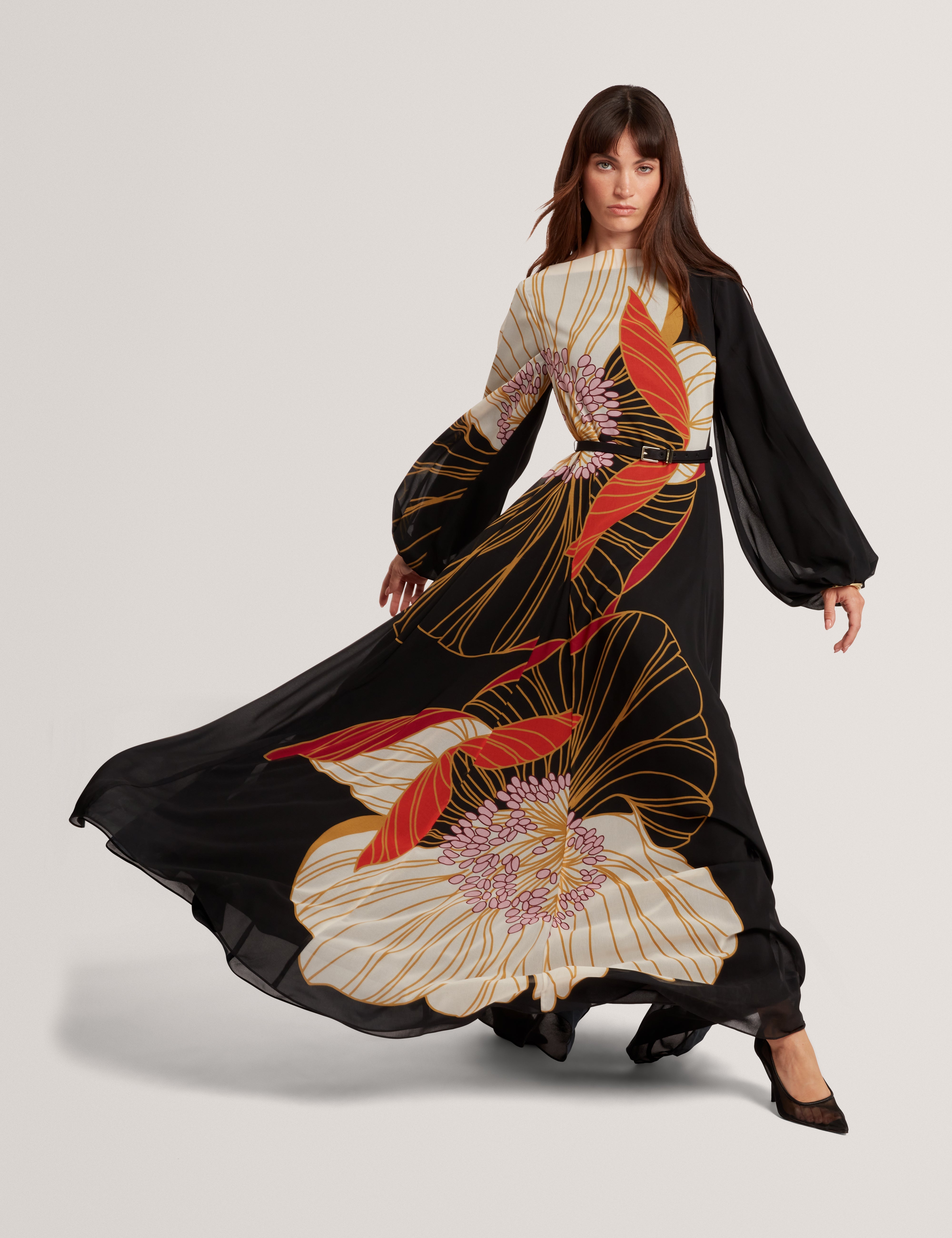 Cammeli Long Sleeve Printed Maxi Dress Black