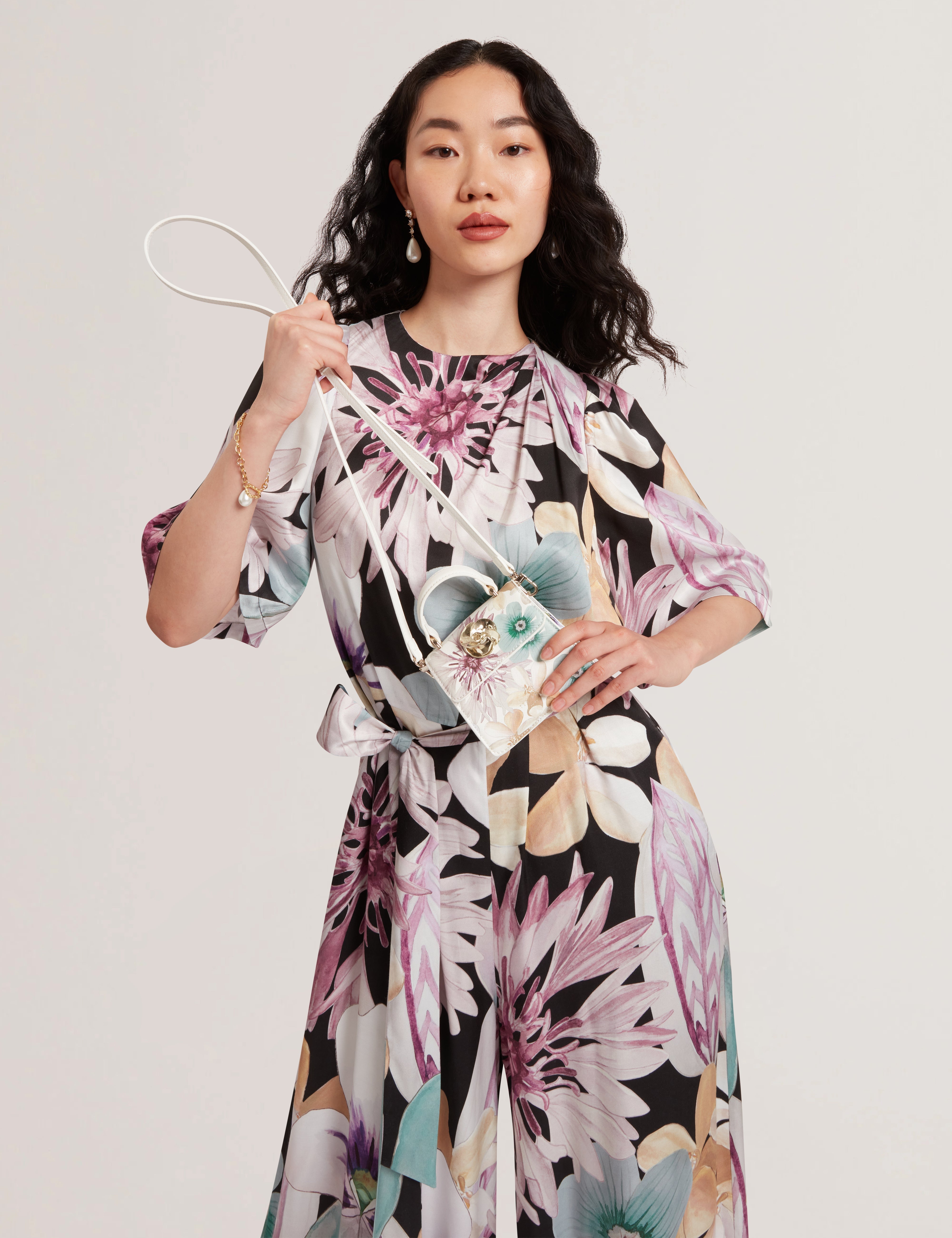 Helensa Petal Print Mini Top Handle Rose Detail White