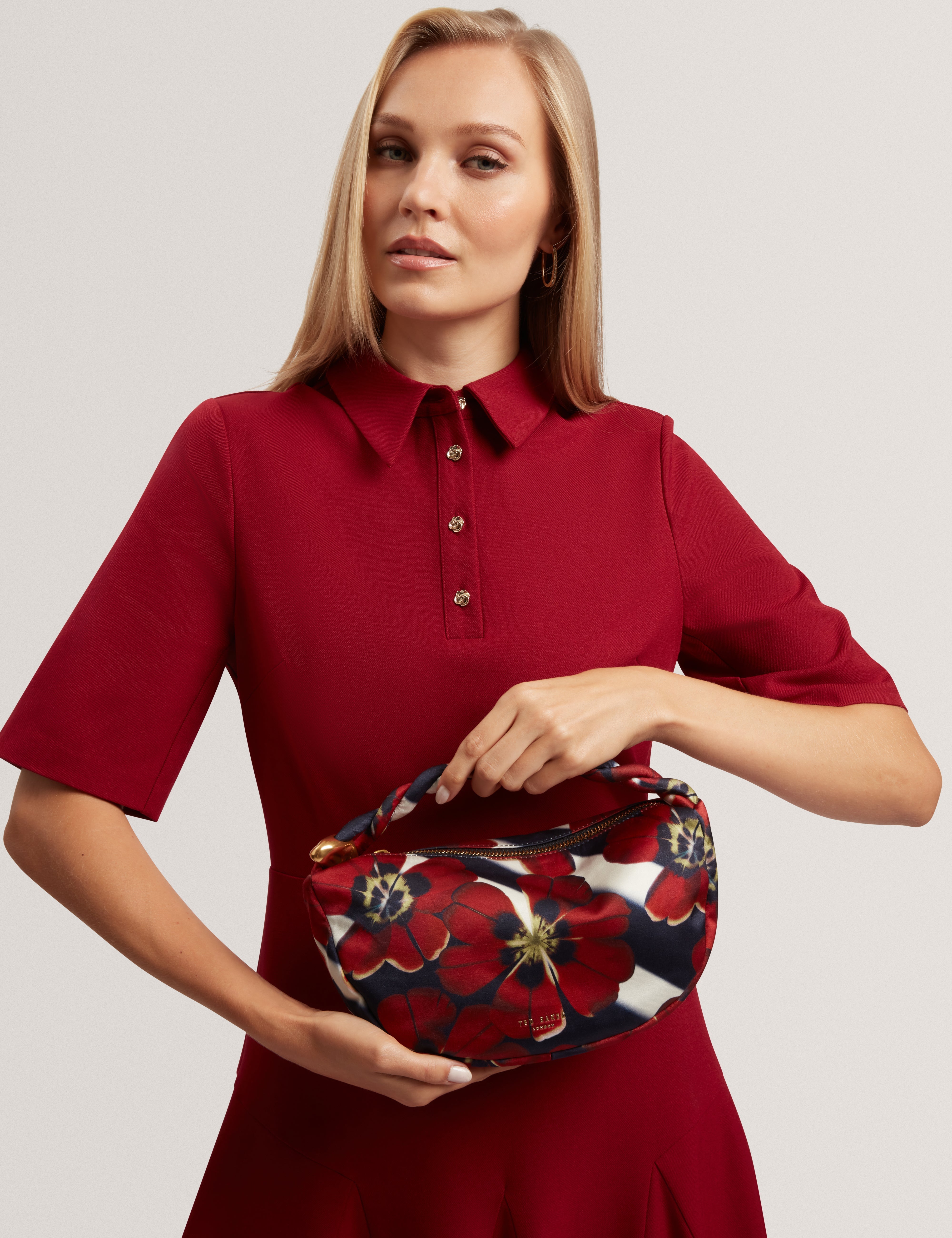 Isli Satin Statement Hardware Printed Hobo Bag Red