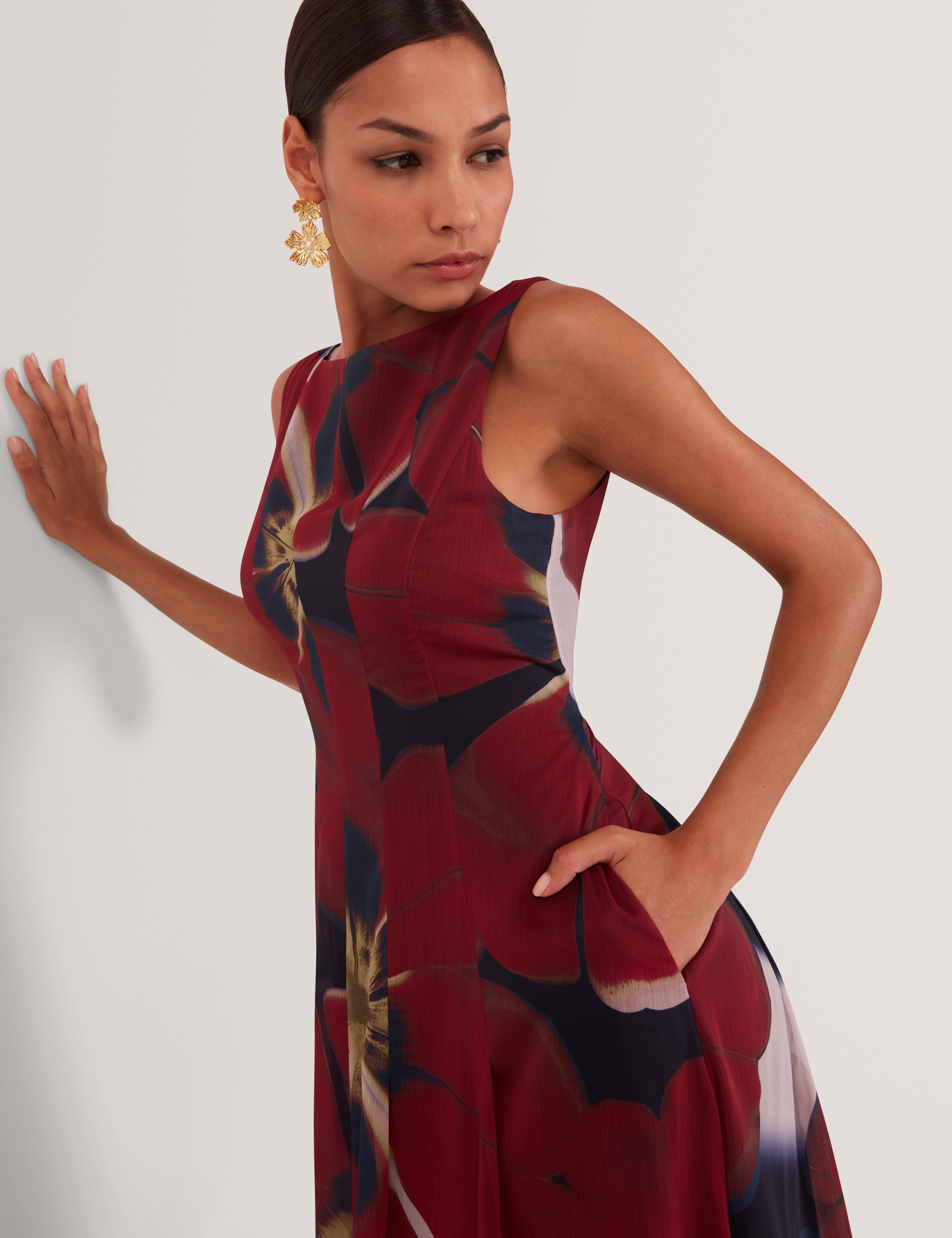 Laynia Printed Seam Detail Bubble Hem Midi Dres Navy