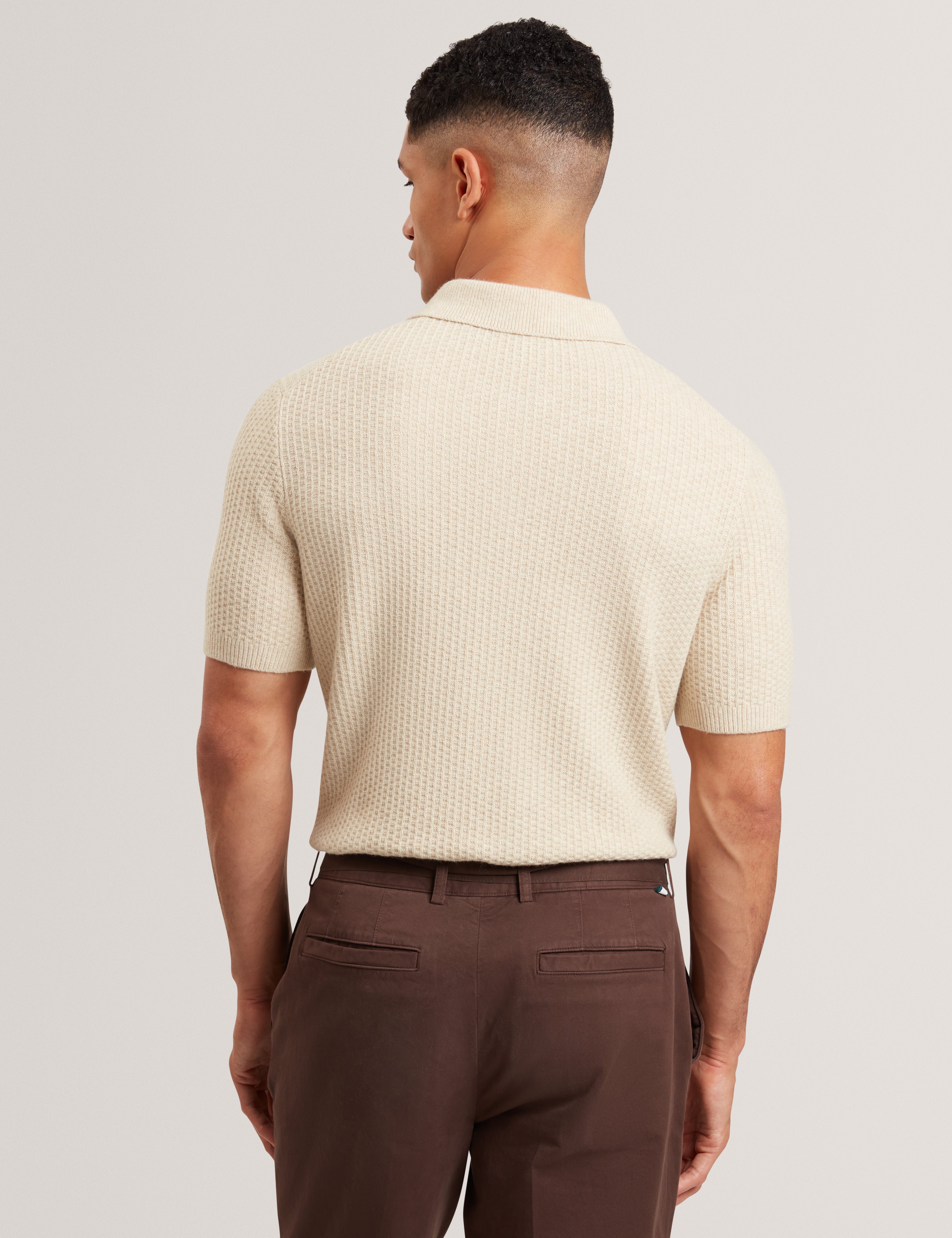Caelum Short Sleeve Herringbone Placement Stitch Polo Natural