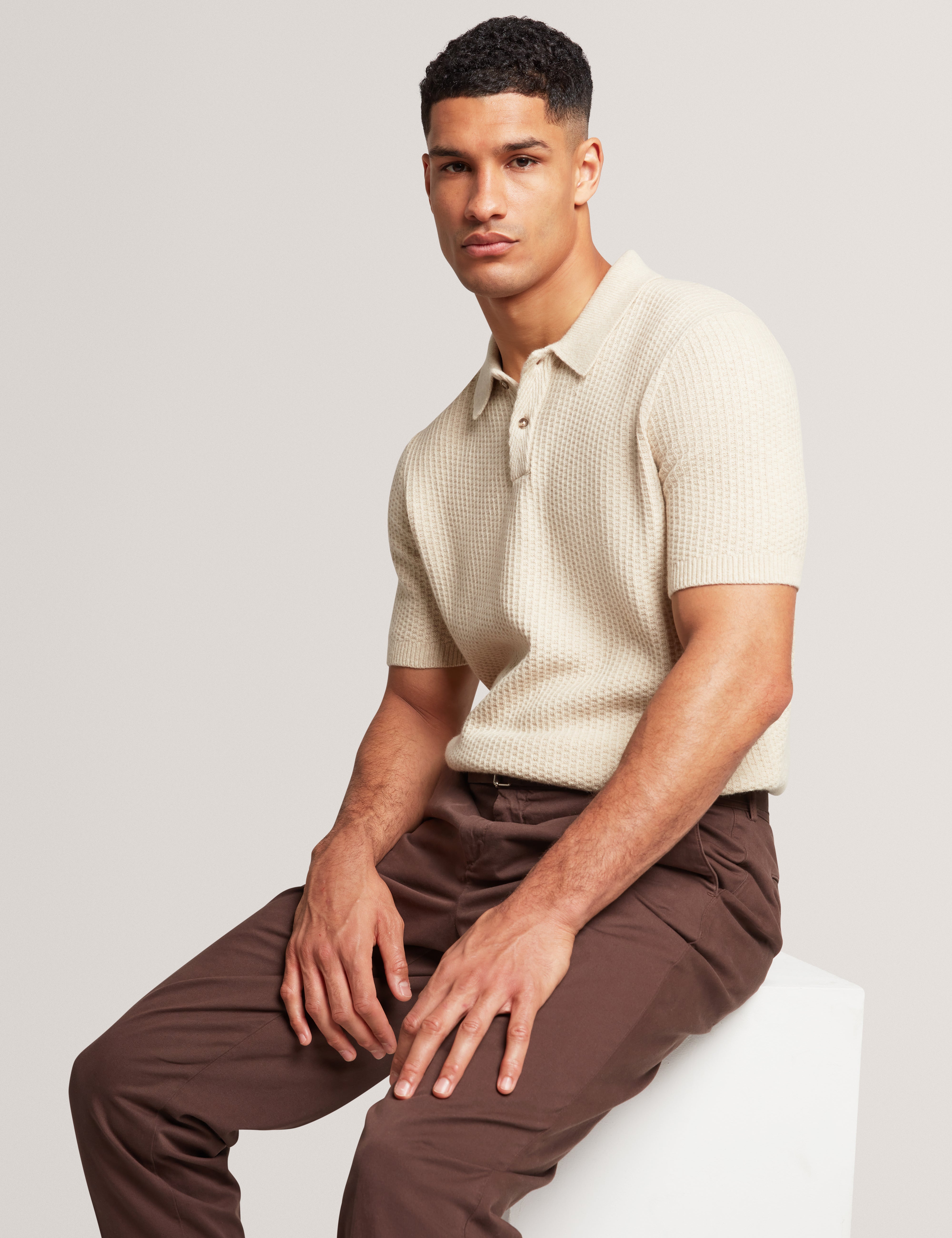 Caelum Short Sleeve Herringbone Placement Stitch Polo Natural