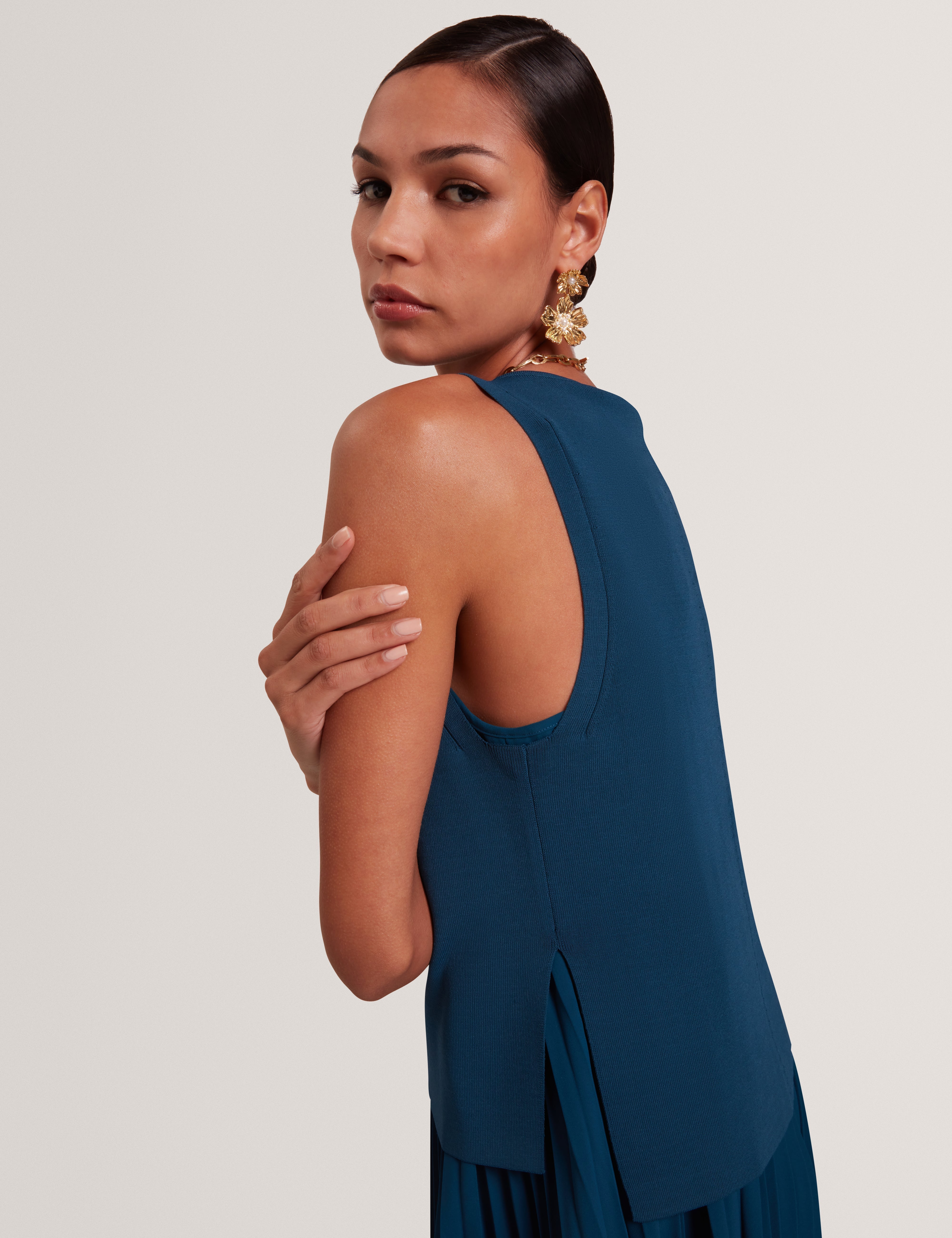 Leeyama 2 In 1 Knit Top With Pleat Cami Dress Dk-Blue