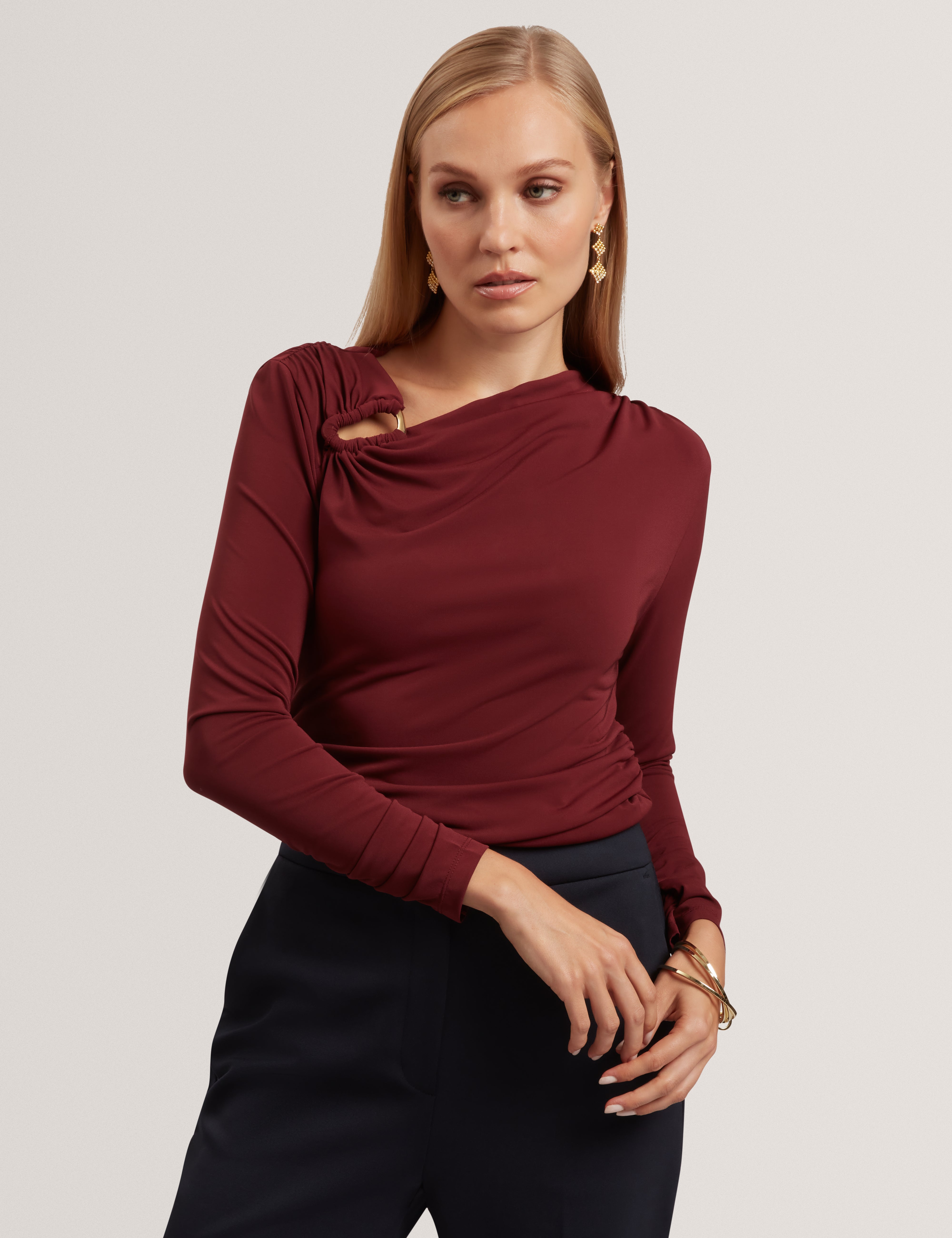 Strala Long Sleeve Ruched Top With Metal Detail Oxblood